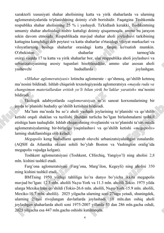 arlarga oqib kelishi, yirik shaharlarga uning atrofdagi qishloqlardan va kichik shaharlardan aholining mayatniksimon harakatining kuchayishi. «soxta urbanizatsiya» - shahar orbitasiga qishloq migrantlarining sekin-asta tortilishi, ko’pgina rivojlanayotgan mamlakatlar shaharlari atroflarida shakllangan keng «qashshoqlik maydonlarida» oldingi turmush tarzining uzoq saqlanishi. «tislanuvchi urbanizatsiya» - birinchi qarashda kutilmagan jarayon. aqsh bo’yicha so’nggi tadqiqotlarning ko’rsatishicha shahar aholisi salmog’ining biroz kamayishi. shaharning moliyaviy jihatdan ta’minlangan guruhi shahar atrofi hududlariga tabiatga yaqinroq bo’lish, shahar shovqinidan uzoqroqda bo’lish uchun ko’chib ketishmoqda va shu bilan xizmat ko’rsatuvchi guruhlar ham shahar atrofiga tarqalib, shahar sistemasi tarqoq holga tushmoqda. urbanizatsiya muammolari.o'zbekistonda urbanizatsiya jarayonlarining rivojlanishi natijasida qishloq aholisining o'sishini ortda qoldirgan shahar aholisining doimiy o'sishi yuz berdi. lekin shahar va qishloq aholisining respublika aholisi umumiy sonidagi nisbati tez o'zgarmoqda va hozirgi vaqtda shahar aholisi miqdori 52 % atrofida turibdi. o'zbekistonda urbanizatsiya va shahar tarmog'i tarkibi rivojlanishining xarakterli xususiyati shahar aholisining katta va yirik shaharlarda va ularning aglomeratsiyalarida to'planishining doimiy o'sib borishidir. faqatgina …