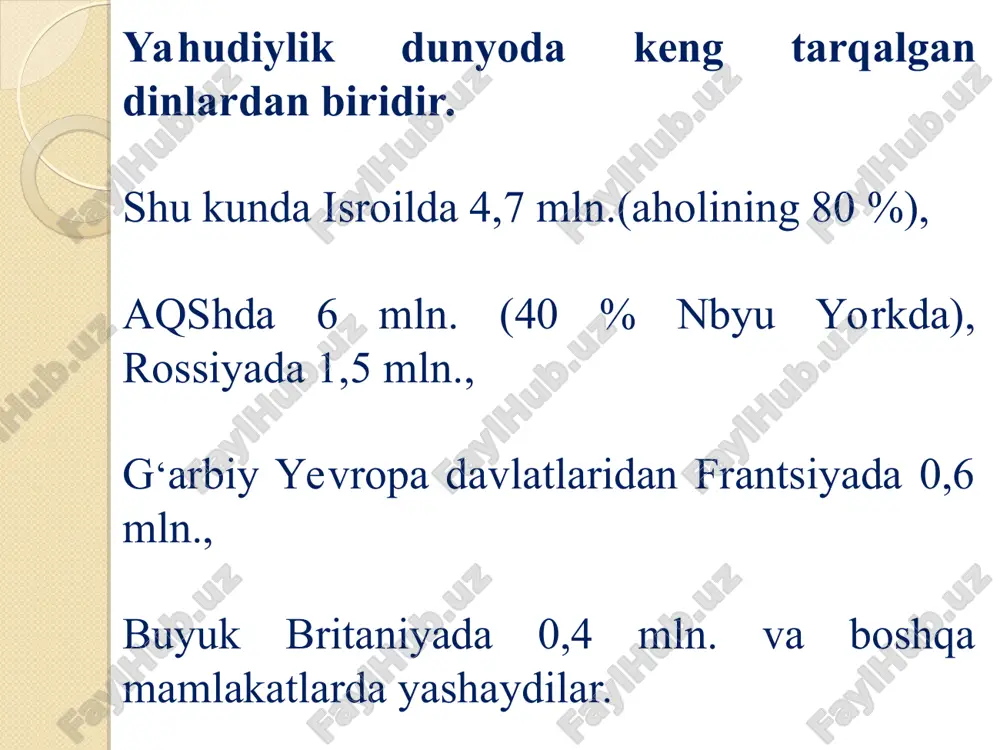 khizm, jaynizmning asosiy g‘oyalarini o‘ziga o‘zlashtirib olgan. hinduizm o‘zining yagona bajaradigan tashkilotiga ega emas. www.arxiv.uz bu din, asosan, hindistonda tarqalgan bo'lib, mamlakat aholisining 83%, ya'ni 650 mln. kishi shu dinga e’tiqod qiladi. hinduizm e’tiqod qiluvchilar soni jihatidan jahonda uchinchi o‘rinda turadi. barcha hinduistlarning soni 700 mln.ni tashkil etadi. yirik jamoalar bangladeshda (12 mln.), indoneziyada (3,6 jmln.), shri lankada (3 mln.), pokistonda (1,5 mln.), malayziyada (1 mln.), aqshda (0,5 mln.), butanda (0,3 mln.) mavjud. hinduizm uni qabul qilmoqchi bo‘lganlarga qo‘yadigan birinchi va asosiy shart hindistondagi kasta tuzumini qabul qilishdir. diniy qorishma sifatida hinduizm onyargacha bo'lgan dinlar, hind-skif jamoalarining ibtidoiy diniy tasavvurlarini va qadimgi braxmanlaming buddizm bilan aralashgan qadimiy urf-odatlarini o‘zida mujassam qilgan. h i n d u i z m juda murakkab dindir. u bir tomondan yirik ijtimoiy tashkilot, ikkinchi tomondan turli dinlar qorishmasidir. ijtimoiy tashkilot sifatida kastachilik asosiga qurilgan. ma’lumki, mil. av. vi asrda hindistonda buddizm dini vujudga keldi. u …