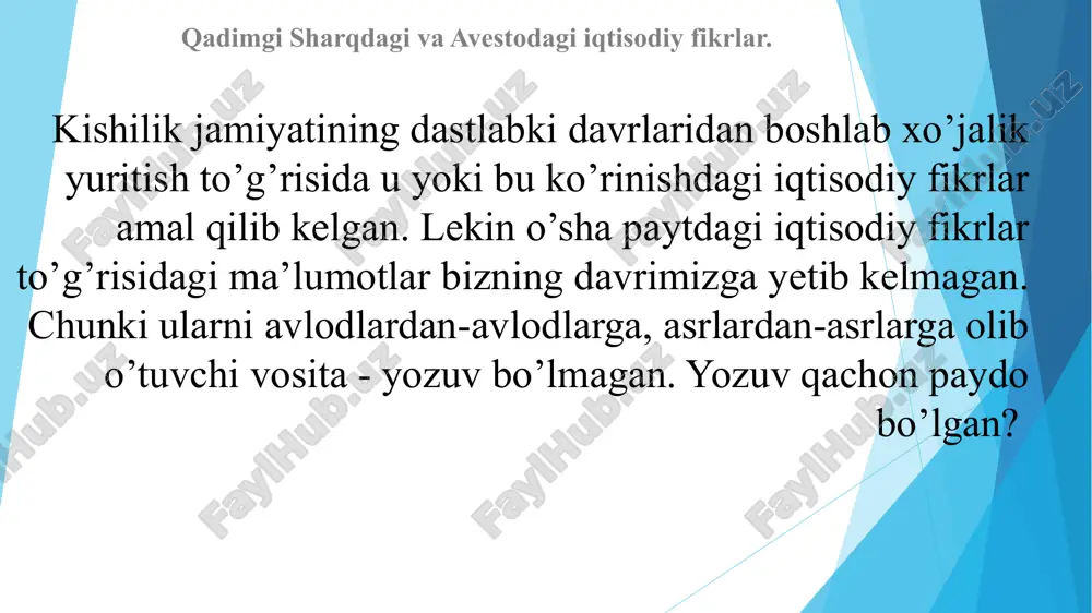 va miqdori ham katta ahamiyat kasb etadi. yetim-yesirlar haqiga hiyonat qilish eng katta gunohlardan deb e'lon qilingan. shuningdek, o'zaro yordam ham zarur, lekin yomon ishlarda va dushmanlikda emas, deyiladi. abu hamid al-g’azzoliy al-g’azzoliy (1058-1111 yillar), boshqa arab olimlari kabi jamiyatning falsafiy, etik, sotsiologik va iqtisodiy tomonlarini o’z davrining ustuvor diniy e’tiqodlariga bog’lagan asarlar yozgan. u o’rta asrlar islom dunyosining eng yirik zakovat egalaridan biri hisoblanadi. uning asarlari avliyo tomas akinskiyga o’z ta’sirini o’tkazgaligi ma’lum. uning bozorda ko’ngilli almashuvlarga bergan ta’rifi o’n birinchi asrda mehnat taqsimoti bilan bog’liq munosabatlarni muvofiqlashtirishni amalga oshirishga imkoniyat bergan. ibn xaldun ibn xaldun (1332-1406 yillar) faqat iqtisodiy masalalar bilan qiziqmadi. uning iqtisodiy masalalarni o’rganishga doir qarashlari kattaroq kontekstda bo’lgan. biz bugun rivojlanish sikli deb atayotgan qishloq xo’jalik ustuvorlik qilgan jamiyatdan hunarmandchilik sohasi ustuvorlik qilgan, qo’shimcha iqtisodiy o’sish va yuqoriroq mehnat samaradorligi mavjud bo’lgan jamiyatga o’tayotgan jamiyatda paydo bo’lgan iqtisodiy qarashlarni uning keng miqyosli tadqiqotlari asosida o’rganishimiz …