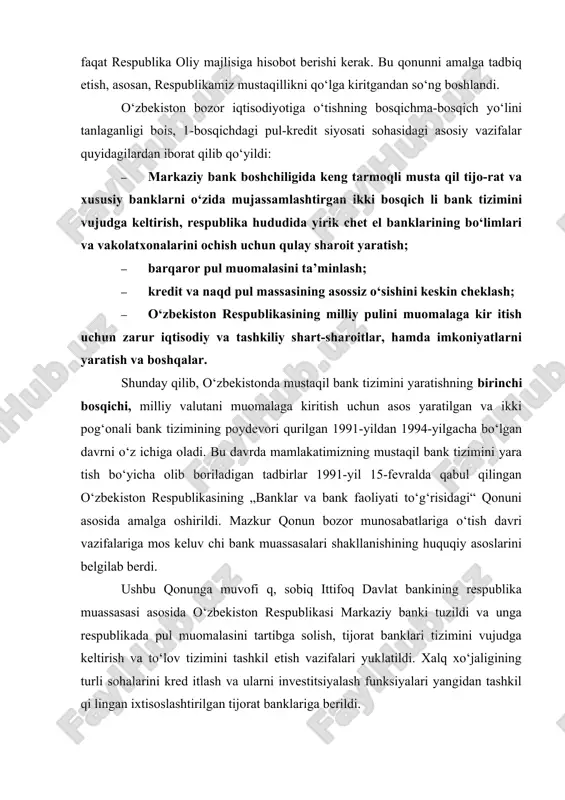 tlariga o‘tish davri vazifalariga mos keluv chi bank muassasalari shakllanishining huquqiy asoslarini belgilab berdi. ushbu qonunga muvofi q, sobiq ittifoq davlat bankining respublika muassasasi asosida o‘zbekiston respublikasi markaziy banki tuzildi va unga respublikada pul muomalasini tartibga solish, tijorat banklari tizimini vujudga keltirish va to‘lov tizimini tashkil etish vazifalari yuklatildi. xalq xo‘jaligining turli sohalarini kred itlash va ularni investitsiyalash funksiyalari yangidan tashkil qi lingan ixtisoslashtirilgan tijorat banklariga berildi. mustaqil pul va bank tizimini yaratishning ikkinchi bosqichi milliy valuta muomalaga kiritilgan va ikki pog‘onali bank tizimining huquqiy asoslari yaratilgan 1994–1996-yillarni o‘z ichiga oladi. 1994-yilda milliy valuta so‘mning muomalaga kiritilishi mamlakatimizda mustaqil pul va bank tizimi shakllanishining asosiy bosqichi hisoblanib, bu bosqichda banklar oldida turgan vazifalarga yanada aniqlik kiritildi. bu davrda markaziy bank asosiy e’tiborini makroiqtisodiy barqarorlikni ta’minlashga va shu asosda iqtisodiy o‘sish uchun qulay sharoitlar yaratishga qaratdi, mamlakatda sifat jihatidan butunlay yangi to‘lov tizimini yaratish bo‘yicha choratadbirlar belgilandi. ixtisoslashgan tijorat banklari faoliyatini …