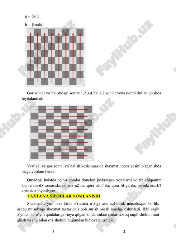 scha yozuvdan foydalanilganligi sababli, biz ham ushbu o’quv qo’llanmada sipohlarning yurishlarini yozishda ruscha yozuvdan foydalandik. o‘yinchining odob qoidalari haqida. ba’zan o‘yin paytida raqiblar qaysidir qoida ustida tortishib qoladilar. bunday tortishuvlar o‘yin qoidalarini yaxshi bilmaslikdan kelib chiqadi. agar partiya musobaqada o‘ynalayotgan bo‘lsa, tortishuv hakamlar yordamida hal qilinishi mumkin. agar havaskorlar o‘rtasidagi partiyalarda shunday tortishuvchilar bo‘lsa, tajribaliroq shaxmatchilardan maslahat so‘rash lozim. shunday tortishuvlar bo‘lmasligi uchun shaxmat o‘yinining eng asosiy qoidalari bilan tanishtiramiz. 1. ushlaganni yurish. shaxmat partiyasi o‘ynalayotgan paytida raqiblardan biri o‘z sipohini ushlasa, o‘sha sipohni yurishga majbur. agar raqib sipohlaridan birini ushlasa, o‘sha sipohni urib olishga majbur. agar ushlagan sipohini hech qaerga yurib bo‘lmasa yoki raqib sipohini ushlagan bo‘lsa-yu, uni urib olib bo‘lmasa boshqa yurish qilishga ruxsat beriladi. agar raqiblardan biri rokirovka qilsa-yu, u qoidaga xilof bo‘lsa, unda rokirovka qilmay shohi bilan boshqa yurish qilishi lozim. agar o‘zining yoki raqibining sipohini to‘g‘rilab qo‘ymoqchi bo‘lsa, avval «to‘g‘rilayman» yoki «tuzataman» deb raqibini ogohlantirishi …