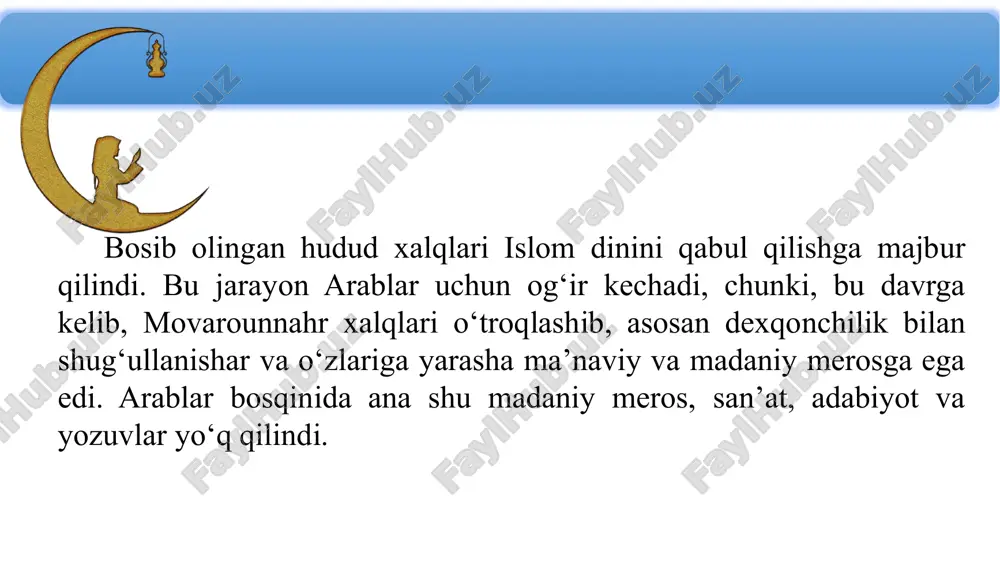 chi boʻl yoki tinglovchi boʻl. beshinchisi boʻlma, halok boʻlasan” mazmunini ilgari suruvchi hadisning bayon etilishi orqali ham ilmli boʻlish insonni falokat va uning yomon oqibatlaridan saqlovchi omil ekanligiga urgʻu beriladi. buyuk muhaddis olim imom al buxoriy 810 yilda buxoroda tug‘ilgan. dastlab savodini maktabda chiqarib, 10 yoshida arab tilidagi kitoblar va hadislarni yodlay boshlagan. 825 yilda onasi va akasi bilan xaj safariga boradi va makkada muhaddislar bilan uchrashib, ulardan ko‘p bilim va ma’lumotlar oladi. u xar qanday kitobni bir o‘qishda yodlay olish qobiliyati balan olimlar e’tiboriga tushadi. faoliyati davomida 100 mingdan ortiq sahih (ishonchli), 200 mingdan ortiq gayri sahih (ishonchsiz) hadislarni yoddan bilgan. uning al-jome as saxix (ishonchli to‘plam) va al-adab al mufrad (adab durdonalari) asarlari ijtimoiy turmushda odob axloq qoidalari, insonlarni o‘zaro munosabatlari xaqida ma’lumotlar beradi. imom ismoil al-buxoriy uzoq safardan ona yurti buxoroga qaytgach, talaba va ulamolarga hadis ilmidan saboq beradi va mazkur ilmning targ‘ibotchisiga aylanadi. buxoro noibi xolid …