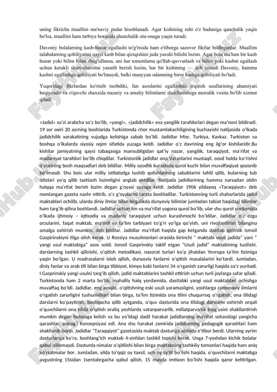 matnning hajmi kichik, mazmuni sodda, keyinchalik esa hajmi katta, mazmuni murakkabroq bo'lgan matnlarni o'qishga kirishishi o'qish jarayonida taqqoslash-qiyoslashga e'tibor berish o'quvchilaming ongli bilimiga asos solishini eslatib o'tgan. olim o'qilganlarning barchasini qaytarib o'qish deganda, asosan xato qilmay, so'zlarni buzmay, ortiqcha tovush ishlatmay, bo'g'inlarni tushirib qoldirmay, so'z urg'usini o'z o'rnida qo'llab, to'g'ri o'qishni ta'kidlaydi. o'qishning tez, to'g'ri va ifodali boiishi, o'qish davomida bolaning o'z-o'zini kuzatib borishi, xatosiz tez va to'g'ri o'qishiga yordam beradi. beruniy bilimlar ustozlar tomonidan o'rgatiladi deb biladi. u nazariy bilimlarni o'quvchiga singdirish usullari haqida to'xtalib, muallim o'z ishiga asosan qiziqarli suhbat usuli bilan yondashib, shogirdning fanga, kasbga o'rganilayotgan ilmga havasini uyg'ota olishini, ta'limning asosiy vazifalaridan bin deb bildi. buning uchun ba'zan muallim o'z shogirdlarini majbur qilishi mumkin deb bildi. ibn sino bilim olishda bolalarni maktabda o'qitish zarurligini qayd etar ekan, ta'limda quyidagi tomonlarga rioya etish zarurligini ta'kidlaydi: - bolaga bilim berishda birdaniga kitobga band qilib qo'ymaslik; - ta'limda yengildan …