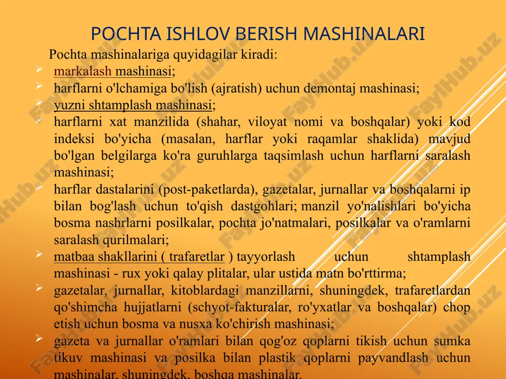 qo‘yiladi. buyurtma mayda paketlar qiymati e’lon qilingan banderollar uchun belgilangan tartibda o‘rovlanadi, sug‘urta muhri bilan muhrlanadi. buyurtma pochta jo‘natmalari buyurtma pochta jo‘natmalari uchun shtrixkod namunasi buyurtma pochta jo‘natmalari (xat, pochta varaqchasi, banderol, sekogramma)ni qabul qilishda jo‘natuvchiga 3-shakldagi daftardan nusxasiz yozilgan kvitansiya, buyurtma mayda paketni qabul qilishda — 1-shakldagi daftardan (18-rasm) nusxa ko‘chiruvchi qog‘oz yordamida yozilgan kvitansiya beriladi. 3-shakldagi daftardan kvitansiyada qabul qilingan pochta jo‘natmasining turi (xat, pochta varaqchasi, banderol, mayda paket, sekogramma), jo‘natmaning belgilangan joyi, adresat familiyasi yoki nomi, pochta jo‘natmasining og‘irligi, jo‘natish uchun to‘lov summasi ko‘rsatiladi. shahardan tashqariga yuboriladigan buyurtma xat buyurtma bildirishnomali shahardan tashqariga yuboriladigan buyurtma xat qabul qilishda kvitansiyani to‘ldirish namunasi mahalliy buyurtma mayda paket buyurtma bildirishnomali mahalliy buyurtma mayda paketni qabul qilishda 1-shakldagi daftardan kvitansiyani to‘ldirish namunasi pochta qutilaridan chiqarib olingan, pochta aloqa obyektlari va yetkazib berish uchastkasi aloqa xodimi tomonidan qabul qilingan yozma xat-xabarlar, tegishli o‘rovdagi bosma nashrlar manzillari bo‘yicha tanlanadi, turlari bo‘yicha (oddiy xatlar, …