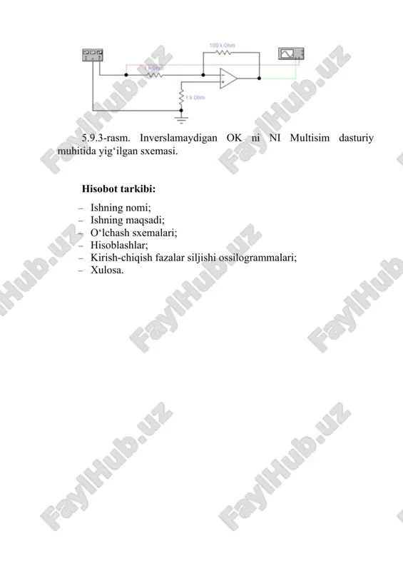 datda, kta.sf detsibellarda (db) ifodalanadi: - siljituvchi kirish kuchlanishi - usil . bu kattalik, ok chiqishida kuchlanish nolga teng bo‘lishi uchun, kirishga berish kerak bo‘lgan kuchlanish qiymatini belgilaydi. bu kattalik ok ning ideal emasligini xarakterlaydi va kirish kaskadidagi tranzistorlarni bir xil emasligiga asoslangan. odatda usil qiymati millivolt- o‘n millivoltlarda bo‘ladi; - kirish toklari - ikir. chiqishdagi kuchlanish nolga teng bo‘lganda kirishlarda oqib o‘tadigan tokni bildiradi. bu toklar kirishdagi bipolyar tranzistorlarning baza toklari yoki ok kirish kaskadida maydoniy tranzistorlar qo‘llanilgan bo‘lsa zatvordagi sizish toki bilan tushuntiriladi. odatda ikir qiymati nanoamper – o‘n mikroamper (10-10.....10-15a) larda belgilaydi; - kirish toklarining farqi ikir – 10...20% ga yetishi mumkin. bu kattalik ok kirish kaskadining simmetrik emasligini ifodalaydi; - chiqish kuchlanishining ortib borish tezligi vuchiq - bu kattalik uchiq qiymatini o‘zining nominal qiymatidan 10% dan 90% gacha o‘zgarishining, shu o‘zgarishlarga ketgan vaqtga nisbatiga teng; - birlik kuchaytirish chastotasi - f1. bu kattalik ok da kuchlanishni …