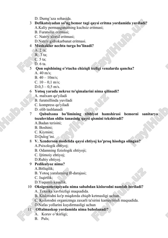 hi bor? a .5 ta; b .4 ta; c .3 ta; d .2 ta. 14 sog’lom hayot tarzini targ’ib etishni amalga oshirishda ta’lim va qanday muhit nuqtai nazari bilan yondashuv mavjud? a .atrof muhit; b .ijtimoiy; c .iqtisodiy; d .ma’naviy. 15 oilalarda o’rta tibbiy hodimlar quyidagi asosiy yo’nalishlarda ish olib borishlari lozim: a. oilaning moddiy muammolarini o’rganish va hal etish; b. oilaning iqtisodiy muammolarini o’rganish; c. oilaning ijtimoiy muammolarini o’rganish va hal etish; d. oilaning muammolariga aralashmasligi kerak. 16 talab qilinadigan energiya miqdori bu-… a.xayot va faollikni saqlab turish uchun kerak bo’ladigan energiya miqdori; b.organizmda sutkalik talab qilinadigan energiya miqdori; c.organizmga sutkalik talab qilinadigan oqsil,yog’,uglevodlar miqdori; d.sutkalik vitamin va minerallarning miqdori. 17 neyrodermatozlar guruhiga qanday kasalliklar kiradi? a. strafulyus; b. qizil yassi temiratki; c. psoriaz; d. borovskiy kasalligi. 18 tanosil kasalliklarini o’rganadigan fan nima deb ataladi? a. venerologiya; b. fiziologiya; c. kosmetologiya; d. dermatologiya. 19 quloqni qaysi kasalligida paratsentez qilinadi, …