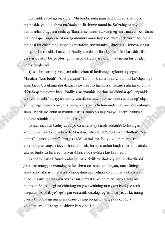 , "shakar lab", "gul yuz", "bulbul", "sarv qomat", "qoshi kamon", "nargis ko`z" va hokazo. bu xil ko`chimlar ham yuqoridagilar singari tayyor holda olinadi, biroq, ulardan farqli o`laroq, matnda estetik funksiya bajaradi: tasviriylikni, ifodaviylikni kuchaytiradi; v) badiiy-estetik funksiyadorligi, tasviriylik va ifodaviylikni kuchaytirishi jihatidan muayyan matndagina ko`chma ma`noda qo`llangan, muallifning assotsiativ fikrlashi mahsuli o`laroq dunyoga kelgan ko`chimlar alohida o`rin tutadi. ularni shartli ravishda "xususiy muallif ko`chimlari" deb atashimiz mumkin. shu xildagi ko`chimlargina yozuvchining muayyan badiiy-estetik maqsadni ko`zlab yo`l qo`ygan semantik satxdagi og`ishi natijasidirki, uning badiiy til bobidagi mahorati xususida gap borganda biz, avvalo, shu xil ko`chimlarni e`tiborga olishimiz kerak bo`ladi. voqelikdagi narsa-hodisalar orasidagi bizga ko`rinmagan, biroq san`atkorona o`tkir nigoh bilan ilg`angan o`xshashlik, aloqadorlik asosidagi ko`chimlar o`quvchini hayratga soladi, unga zavq bag`ishlaydi. badiiy asarda eng ko`p qo`llanuvchi ko`chim turlaridan biri metaforadir. metafora usulidagi ma`no ko`chishida narsa-hodisalar orasidagi o`xshashlikka asoslaniladi. tabiatan, metaforani yashirin o`xshatish deb atash mumkin. yashirin o`xshatish deb atalishiga sabab shuki, metaforada …
