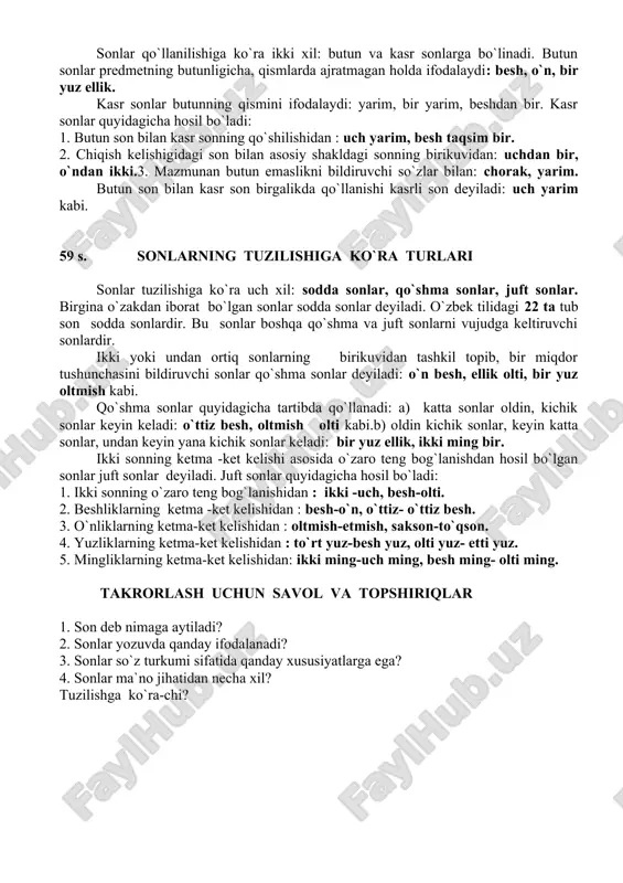 hosil bo`ladi: uch +ta kishi o`nta kitob. dona sonlar sanoq so`zlar: nafar, dona, bet, bosh, nusxa kabilar bilan ham hosil bo`ladi: uch nafar, o`n dona, yuz bet, ming bosh, besh yuz nusxa kabi. chama sonlar predmetning taxminiy miqdorini bildiradi va quyidagicha hosil bo`ladi. 1. sanoq sonda -tacha qo`shimchasini qo`shish bilan: o`ntacha, yuztacha. 2. sanoq songa -larcha qo`shimchasini qo`shish bilan: o`nlarcha, yuzlarcha. 3. sanoq songa -lab qo`shimchasini qo`shish bilan: o`nlab, yuzlab, minglab. 4. sanoq songa -lar (da) qo`shimchasini qo`shish bilan: uchlarda, beshlarda, -lab, -larcha qo`shimchalari o`n yuz, ming sonlariga, - tacha qo`shimchalari esa barcha sonlarga qo`shiladi. 5. sonlardan keyin chog`li so`zini keltirish bilan. mashina kuzivida uch chog`li xotin, yosh bolalar va uchta sigir bor edi.(s.a.) 6. ikki sanoq sonni jihatlash bilan: ikki -uch, o`n -o`n besh .ular mirzo darvozasiga yaqinlashganlarida besh-olti kishi ot choptirib chiqdi. (p.q.) jamlovchi son predmetning jamlangan to`dalangan miqdorini anglatadi. jamlovchi sonlar quyidagicha hosil bo`ladi. 1. sanoq sonlarga …