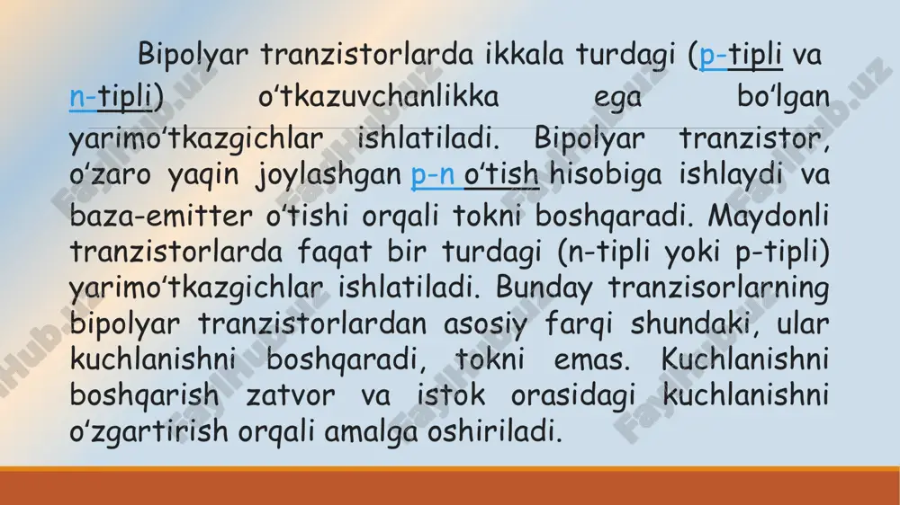 ejimda ishlashi. ub ulanish sxemasida aktiv rejimda ishlayotgan n-p-n tuzilmali diffuziyali qotishmali bipolyar tranzistorni o‘zgarmas tokda ishlashini qo‘rib chiqamiz . bipolyar tranzistorning normal ishlashining asosiy talabi bo‘lib baza sohasining yetarlicha kichik kengligi w hisoblanadi:bu vaqtda w l sharti albatta bajarilishi kerak (l-bazadagi asosiy bo‘lmagan zaryad tashuvchilarning diffuziya uzunligi). bipolyar tranzistorning ishlashi uchta asosiy hodisaga asoslangan: emitterdan bazaga zaryad tashuvchilarning injeksiyasi; bazaga injeksiyalangan zaryad tashuvchilarni kollektorga o‘tishi; bazaga injeksiyalangan zaryad tashuvchilar va kollektor o‘tishga yetib kelgan asosiy bo‘lmagan zaryad tashuvchilarni bazadan kollektorga ekstraksiyasi. bu yerda ien, ier mos ravishda elektron va kovaklarning injeksiya toklari. shunday qilib, emitter toki n–turdagi soha kanal deb ataladi. kanalga zaryad tashuvchilar kiritiladigan kontakt istok (i); zaryad tashuvchilar chiqib ketadigan kontakt stok (s) deb ataladi. zatvor (z) boshqaruvchi elektrod hisoblanadi. zatvor va istok oralig‘iga kuchlanish berilganda yuzaga keladigan elektr maydoni kanal o‘tkazuvchanligini, natijada kanaldan oqib o‘tayotgan tokni o‘zgartiradi. zatvor sifatida kanalga nisbatan o‘tkazuvchanligi teskari turdagi soha qo‘llaniladi. …
