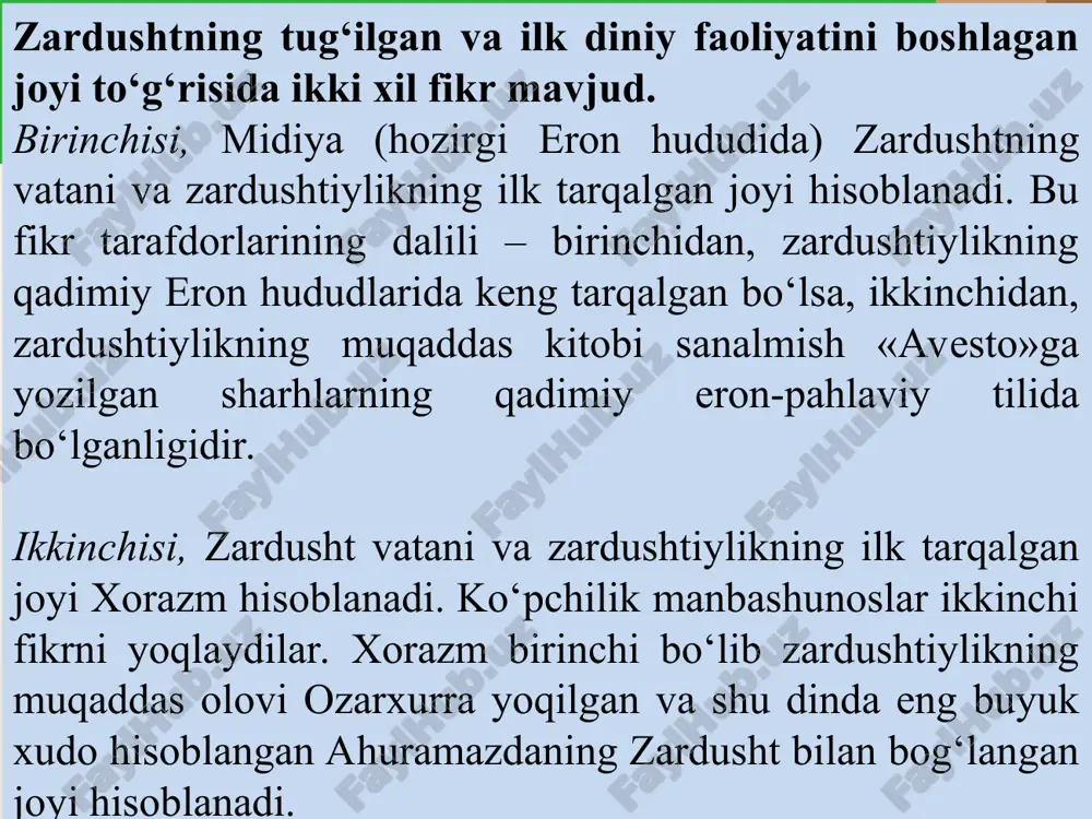 (ix a), «arda viraf-namak» (ixa) «tansar xatlari» (vi) «muruj az-zahab», «forsnoma» va boshqalarda) ma’lumotlar bor. bu asarlarda yunoniylar otashxonalarni vayron qilganlari, ibodatxonalar boyliklarini talon-toroj etganlari, din arboblarini o‘ldirib, asir olib ketganligi haqida yoziladi. yozma manbalarga ko‘ra, haqiqatan ham «avesto» mo‘badlar tomonidan avloddan avlodga, og‘izdan og‘izga o‘tib, asrlar osha yashirin saqlangan. dastavval (i yoki ii asrlarda), arshakiylar davrida «avesto» qismlarini to‘plash boshlangan. keyinchalik sosoniylar davrida, ardasher papakan (227–243) davrida, ayniqsa, shopur (243–273) davrida astrologiya, tabobat, riyoziyot va falsafaga oid qismlari yozib olinib, hamma qismlari tartibga keltirilgan, so‘ng bu asosiy matn to‘ldirib borilgan. «avesto»ning ana shu to‘ldirilgan nusxasining ikki to‘liq qo‘lyozmasi hindistonda – biri mumbayda, zardushtiylarning madaniy markazi bo‘lmish koma nomidagi institutda, ikkinchisi kalkuttadagi davlat kutubxonasida saqlanadi. «avesto»ning saqlanib qolgan to‘rtta kitobidan birinchisining nomi «videvdat» (devlarga qarshi qonun) deb ataladi. ushbu kitobn«avesto»ning saqlanib qolgan kitoblari orasida eng mukammali hisoblanadi. u yigirma ikki bob bo‘lib, boblari «fragard» deb nomlangan. ikkinchi kitob «yasna» deb …