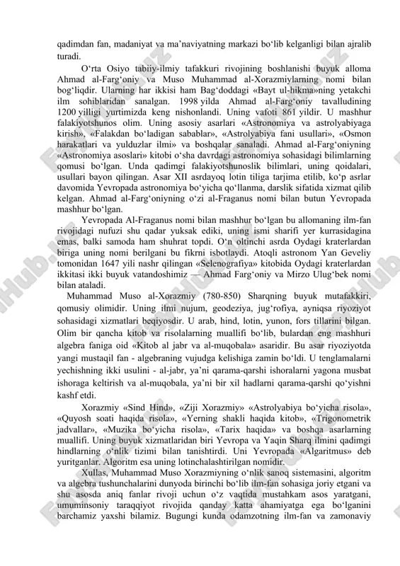 rashi, antik davr madaniy merosiga murojaat qilish, bamisoli uning «qayta uyg‘onishi»ni anglatadi. uyg‘onish davri namoyondalari qarashlari insonning cheksiz imkoniyatlariga, uning irodasiga, aql-idrokiga ishonib qarashi bilan ajralib turadi. fanda sharq va g‘arb uyg‘onish davri tushunchalari ishlatiladi. ular umumiy, o‘xshash tomonlar bilan birga, ma’lum farq, o‘ziga xos xususiyatlari jihatidan ham ajralib turadi. avvalo ular davr nuqtai nazaridan farqlanadi. ilk sharq uyg‘onish davri ix-xii asrlarni, ii uyg‘onish davri xiv-xv asrlarni o‘z ichiga olsa, g‘arb uyg‘onish davri xv-xvii asrlarni o‘z ichiga olishi bilan farqlanadi. g‘arb uyg‘onish davri uchun feodalizmga, dinga qarshi kurash xos bo‘lsa, sharqda masalaning g‘arbdagidek keskin qo‘yilishini ko‘rmaymiz. sharq va g‘arb uyg‘onish davri uchun umumiy xususiyatlar antik davrga murojaat qilish, uni «qayta tiriltirish», tabiiy fanlar rivoji, fanda universallik, qomusiylik, gumanizmni targ‘ib etish va boshqalarda namoyon bo‘ladi. sharq renessansi davri quyidagi umumiy xususiyatlarga ega: 1) madaniyat, dunyoviy fanlar va islom aqidashunosligining taraqqiyoti; 2) yunon, rum, fors, hind va boshqa madaniyatlar yutuqlariga suyanish; 3) …