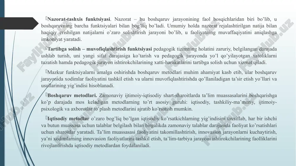 di. ta’lim muassasasi faoliyatini takomillashtirish, innovasion jarayonlarni kuchaytirish, ya’ni xodimlarning innovasion faoliyatlarini tashkil etish, ta’lim-tarbiya jarayoni ishtirokchilarining faolliklarini rivojlantirishda iqtisodiy metodlardan foydalaniladi. tashkiliy-ma’muriy metodlar ham iqtisodiy metodlar bajaradigan vazifalarni bajaradi, faqat ularning ta’sir ko’rsatish usullari va shakllari o’zaro farq qiladi. iqtisodiy metodlarda belgilangan masalalarni hal qilish uchun rahbarlar ta’sir ko’rsatishning turli xil usul va shakllarini tanlash imkoniyatiga ega bo’ladi. tashkiliy-ma’muriy metodlar qarorlar, buyruqlar, farmoyishlar va ko’rsatmalar tayyorlash, ularni o’z vaqtida tegishli shaxslarga etkazish va bajarilishini nazorat qilish orqali ta’sir ko’rsatishni nazarda tutadi. mazkur metod rahbarlar va xodimlar, o’qituvchilar va o’quvchilar, umuman olganda, barcha jamoa a’zolari o’rtasidagi mavjud munosabatlarni inobatga olgan holda ularning qiziqishi, manfaatlari, ko’nikma va malakalari, bilimi hamda qobiliyatlarini o’rganib, jamoadagi mavjud sharoitlarni yaxshilash va boshqa zaruriy chora-tadbirlarni amalga oshirish orqali jamoa a’zolarining faoliyatlarini muvofiqlashtirishga xizmat qiladi. tashkiliy-ma’muriy metoddan fodalanishdan ko’zlangan maqsad belgilangan maqsadlarga erishishda jamoada mavjud bo’lishi zarur bo’lgan o’zaro munosabatlar, aloqalar, tashkiliy barqarorlik, intizom, o’zaro mutanosiblik va …