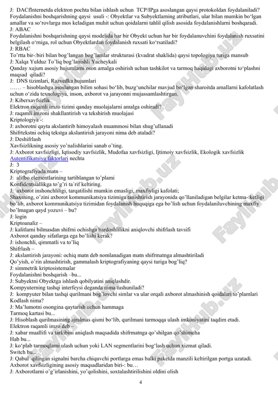 ktorlari nechta j: 3 kriptografiyada matn – j: alifbo elementlarining tartiblangan to’plami konfidentsiallikga to’g’ri ta`rif keltiring. j: axborot inshonchliligi, tarqatilishi mumkin emasligi, maxfiyligi kafolati; shaxsning, o’zini axborot kommunikatsiya tizimiga tanishtirish jarayonida qo’llaniladigan belgilar ketma-:ketligi bo’lib, axborot kommunikatsiya tizimidan foydalanish huquqiga ega bo’lish uchun foydalaniluvchining maxfiy bo’lmagan qayd yozuvi – bu? j: login kriptoanaliz – j: kalitlarni bilmasdan shifrni ochishga bardoshlilikni aniqlovchi shifrlash tavsifi axborot qanday sifatlarga ega bo’lishi kerak? j: ishonchli, qimmatli va to’liq shifrlash – j: akslantirish jarayoni: ochiq matn deb nomlanadigan matn shifrmatnga almashtiriladi qo’yish, o’rin almashtirish, gammalash kriptografiyaning qaysi turiga bog’liq? j: simmetrik kriptosistemalar foydalanishni boshqarish –bu... j: subyektni obyektga ishlash qobilyatini aniqlashdir. kompyuterning tashqi interfeysi deganda nima tushuniladi? j: kompyuter bilan tashqi qurilmani bog’lovchi simlar va ular orqali axborot almashinish qoidalari to’plamlari kodlash nima? j: ma’lumotni osongina qaytarish uchun hammaga tarmoq kartasi bu... j: hisoblash qurilmasining ajralmas qismi bo‘lib, qurilmani tarmoqqa ulash imkoniyatini taqdim etadi. elektron …