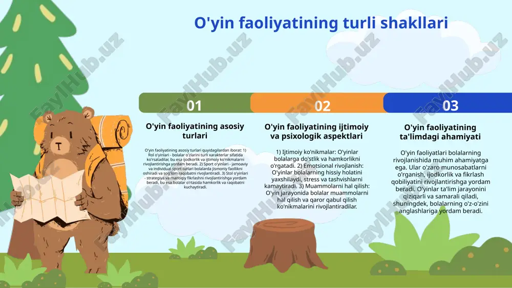 liyatlarga rag'batlantirish zarur. ikkinchidan, o'yinlarni rejalashtirishda bolalarning qiziqishlari va ehtiyojlarini hisobga olish muhimdir. ota-onalar o'yin maydonlarida bolalarga qanday yordam berishi mumkin: - bolani o'yinga jalb qilish va uning qiziqishini oshirish. - o'yin jarayonida bolalar bilan birga qatnashish va ularni qo'llab-quvvatlash. - o'yin faoliyatini uyda davom ettirish uchun mos materiallar taqdim etish. - o'qituvchilar bilan hamkorlikda o'yinlarni yanada qiziqarli qilish. ota-onalar va o'qituvchilar o'rtasida hamkorlik bolalarning rivojlanishida muhim ahamiyatga ega. rivojlantiruvchi markazlarning mohiyati rivojlantiruvchi markazlar ta'rifi rivojlantiruvchi markazlar, bolalar va yoshlarning ijtimoiy, ma'naviy va fiziki rivojlanishini ta'minlash maqsadida yaratilgan muassasalardir. ushbu markazlar, o'yinlar va turli faoliyatlar orqali yoshlarni tarbiyalash va ularga kerakli ko'nikmalarni berishga qaratilgan. maqsadi va vazifalari maqsadlari va vazifalari: 1. bolalarni ijtimoiylashtirish va ularga yangi ko'nikmalarni o'rgatish. 2. yoshlar o'rtasida ijodiy faoliyatni rivojlantirish. 3. o'yin va sport faoliyatlarini tashkil etish. 4. oila va jamiyat bilan hamkorlikni kuchaytirish. o'yin faoliyatidagi roli rivojlantiruvchi markazlar o'yin faoliyatida muhim rol o'ynaydi. ular bolalarga …