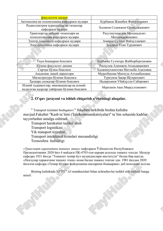 eyinchalik, ya'ni 1932-1938 yillar mobaynida janubiy-g'arbiy temir yo'lining rejalashtirish bo'limi boshlig'i v.p. rafaelskiy kafedraga rahbar etib tayinlangan. o'qish jarayoni tashkil etish, ilmiy ishlarni rivojlantirish hamda kafedra laboratoriya bazasini rivojlantirishga temir yo'l sohasining etuk olimlari hisoblangan professor l.v. odintsov kafedrani 1939-1940 yillarda boshqargan, 1944 yildan 1973 yilgacha kafedraga dotsent v.i. aksenov rahbarlik qilgan. 1973-1984 yillar mobaynida kafedrani temir yo'llarni rivojlantirishga ulkan hissa qo'shgan o'zbek olimi professor r.z.nurmuxammedov rahbarlik qilgan. 1984-1989 yillarda kafedrani dotsent s.r. rixsiev boshqargan. ushbu davr mobaynida kafedrada ko'plab ilmiy-izlanishlar olib borilgan bo'lib, ular “temir yo'llarning mahalliy ishlarini samarali tashkil etish tizimi”, “temir yo'l liniyalarining o'tkazuvchanlik hamda tashuvchanlik qobiliyatlarini oshirish”, “ehmda foydalanish ishlari hajmini majmuaviy rejalashtirish va bashoratlash” hamda “ehmni qo'llagan holda foydalanish ishlarini takomillashtirish” mavzularida bo'lgan. 1990-1993 yillar mobaynida kafedraning professori, texnika fanlari doktori r.z.nurmuxammedov rahbarlik qilgan. mustaqillikka erishilgandan keyingi davrlarda, ya'ni 1994-1999 yillarda kafedraga professor k.t. xudayberganov rahbarlik qildilar. texnika fanlari nomzodi dotsent g.a. mirzaeva kafedraning har …