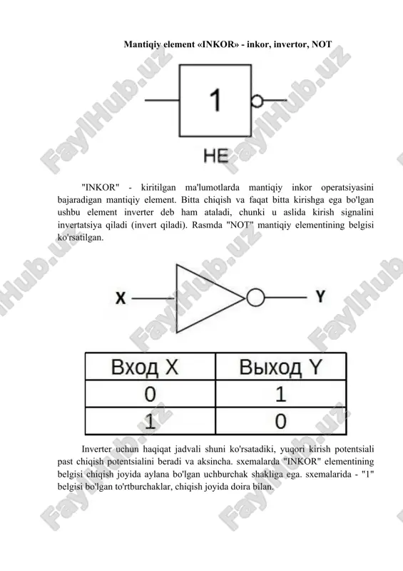 - kirish ma'lumotlariga mantiqiy qo'shish moduli 2 operatsiyasini bajaradigan mantiqiy element, ikkita kirish va bitta chiqishga ega. ko'pincha bu elementlar nazorat sxemalarida qo'llaniladi. rasmda ushbu elementning ramzi ko'rsatilgan. sxemalardagi rasm kirish tomonida qo'shimcha qavsli chiziqli "or" ga o'xshaydi, rasmda - "or" kabi, faqat "1" o'rniga "=1" yoziladi. bu mantiqiy element “tenglik” deb ham ataladi. yuqori kuchlanish darajasi faqat kirishdagi signallar teng bo'lmaganda (bir birlikda, ikkinchisida nolda yoki bitta nolda va boshqasida), hatto kirishda ikkita birlik bo'lsa ham, chiqishda bo'ladi. bir vaqtning o'zida chiqish nolga teng bo'ladi - bu "or" dan farq. ushbu mantiqiy elementlar qo'shimchalarda keng qo'llaniladi. amalda, kombinatsiyalangan sxemalarni qurish yanada murakkablashadi, chunki signallar kirishga o'tayotganda zaiflashadi, dastlabki shaklini buzadi va orqada qoladi. shuning uchun mantiqiy elementlar bilan bir qatorda sxemaga turli xil mos keladigan elementlarni (kuchaytirgichlar, signal konditsionerlari va boshqalar) kiritish kerak. ushbu elementlarning vazifasi sxemani ishlaydigan va ishonchli qilishdir. aytilganlardan ma’lum bo‘ladiki, yechimlari o‘z shartlari (sxema kirishiga …