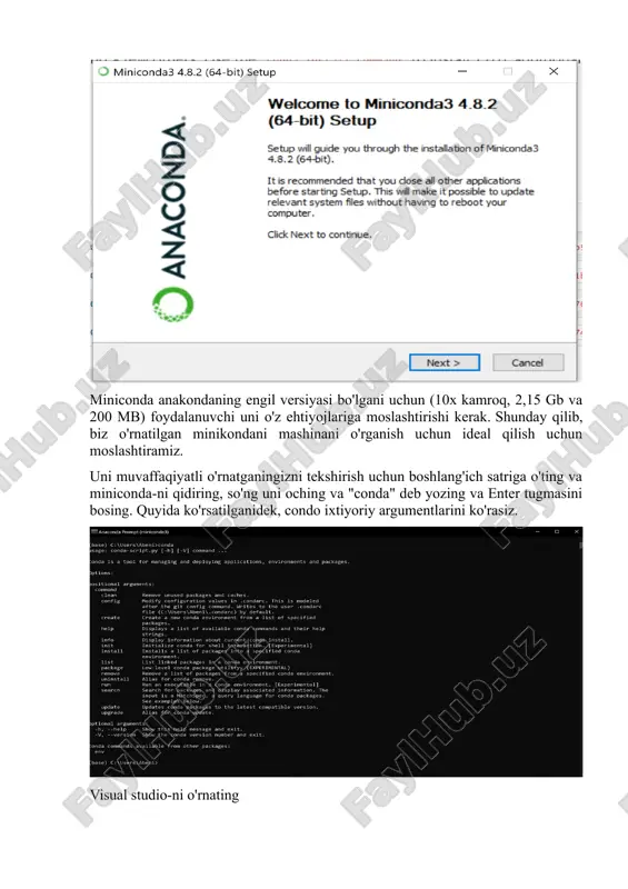 'rnatish tensorflow-gpu keras : python-da yozilgan ochiq manbali neyron-tarmoq kutubxonasi. conda install -c anaconda keras-gpu endi biz jupyter daftariga kirish uchun konda muhitini o'rnatishimiz kerak bo'lgan bosqichda turibmiz, buning uchun ipykernelni quyidagi tarzda o'rnating: conda install -c anaconda ipykernel yangi yaratilgan muhitni yupiterga olib kirish va u bilan ishlashni boshlash uchun quyidagi buyruqni bajaring: python -m ipykernel install --user --name=ml_env yuqoridagi buyruqdan foydalanib, siz endi jupyter daftaringizda yangi konda muhitiga ega bo'lasiz. jupyer va spyder ishga tushirilmoqda yupiterni ishga tushirish uchun anakonda so'rovini oching va muhitni faollashtiring, so'ngra quyidagi buyruqni bajaring: yupiter daftar agar siz spyder muharririni ishga tushirmoqchi bo'lsangiz, konda muhitini faollashtirgandan so'ng, anakonda taklifida spyder turini kiriting va enter tugmasini bosing. topshiriq: har bir talaba o’zining shaxsiy kompyuteriga huddi dasrda ko’rsatilgandek anaconda dasturini o’rnatsin o’ziga tegishli ism bilan virtual muhitni hosil qilsin. muxit ichiga ma’lumotlarni intellektual tahlil qilishda qo’llaniladigan kamida 3 nafar kutubxonani o’rnatsin. bajarilgan ish bo’yicha hisobot …