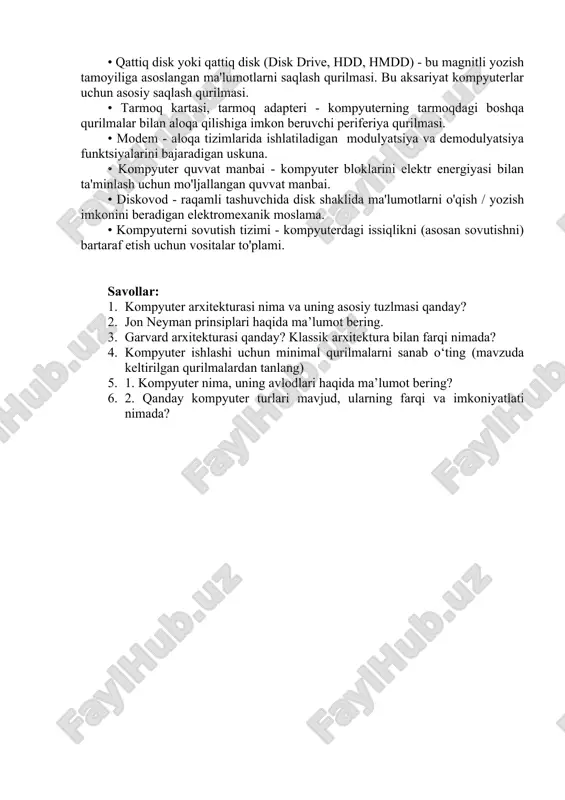 a qurilmasi (xotira); • soat chastotasi generatori. boshqarish moslamasi dasturlarni bajarish jarayonini tashkil qiladi va uning ishlashi davomida barcha kompyuter qurilmalarining o'zaro ta'sirini muvofiqlashtiradi. arifmetik mantiqiy birlik ma'lumotlar bo'yicha arifmetik va mantiqiy operatsiyalarni bajaradi: qo'shish, ayirish, ko'paytirish, bo'lish, taqqoslash va hk. saqlash moslamasi protsessorning ichki xotirasi. registrlar oraliq tezkor xotira vazifasini bajaradi, uning yordamida protsessor hisob-kitoblarni amalga oshiradi va oraliq natijalarni saqlaydi. ram bilan ishlashni tezlashtirish uchun protsessor uchun keyingi operatsiyalar uchun zarur bo'lgan buyruqlar va operativ xotiradan ma'lumotlar oldindan yuboriladi. soat generatori kompyuterning barcha tarkibiy qismlarining ishlashini sinxronlashtiradigan elektr impulslarini hosil qiladi.markaziy protsessor soat generatori ritmida ishlaydi. protsessorning asosiy xususiyatlariga quyidagilar kiradi. • tezlik (ishlov berish quvvati) - bu soniyadagi protsessor operatsiyalarining o'rtacha soni. • mgts chastotasi.soat soniyadagi takt soniga teng. soat tsikli - bu gts ning joriy pulsining boshlanishi va keyingisining boshlanishi o'rtasidagi vaqt oralig‘i. odatda mikroprotsessorli soat chastotalari: 40 mgts, 66 mgts, 100 mgts, 130 mgts, 166 …