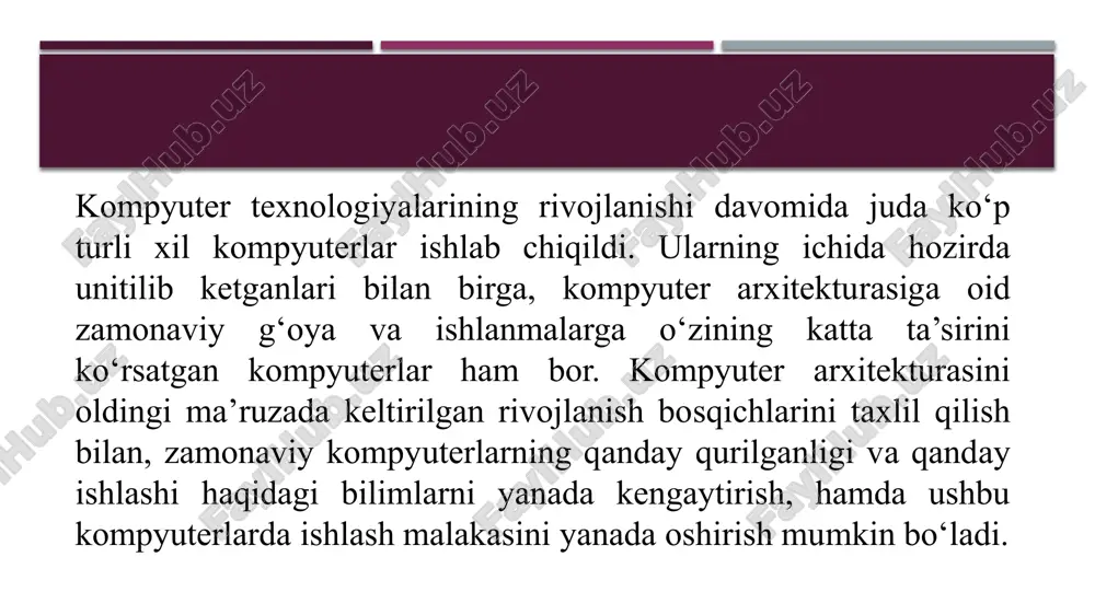 o‘rin tutgan, kompyuter tarkibiga kirgan qurilmalarni o‘zaro ulovchi parallel o‘tkazgichlardan iborat - umumiy shinadan foydalanilgan. dec firmasi pdp-8 kompyuteridan 50000 donasini sotgan va bu bilan, mini-kompyuterlar bozorida etakchi kompaniyaga aylandi. pdp-8 kompyuterining soddalashtirilgan chizmasi 2-rasmda keltirilgan. figure 2. of the pdp-8 computer simplified drawing _ 2-rasm. pdp-8 kompyuterining soddalashtirilgan chizmasi. current on computers wide using coming - one of time in itself , a how many programs work instead increase mechanism - multitasking , ibm ibm 360 computers to his family mansub which was in models set off put was . in 1981 , ibm by personal computers the first calculated , too large integrated circuits based on fourth generation computers mansub which was ibm pc (personal computer) computers functional can be removed started . this microsoft corporation on computers by functional output ms-dos operation system installed was . hozirgi kompyuterlarda keng qo‘llanib kelayotgan – bir vaqtning o‘zida, bir nechta …