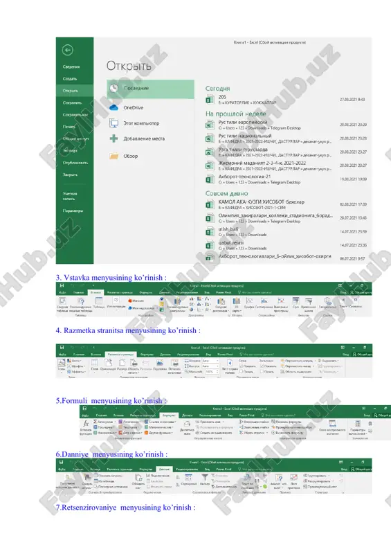 an. elektron jadvallar asosan iqisodiy masalalarni yechishga mo’ljallangan bo’lsada, uning tarkibiga kiruvchi vositalar boshqa sohaga tegishli masalalarni yechishga ham, masalan, formulalar bo’yicha hisoblash ishlarini olib borish, grafik va diagrammalar ko’rishga ham katta yordam beradi. shuning uchun excel dasturini o’rganish muhim ahamiyat kasb etadi va har bir foydalanuvchidan excel bilan ishlay olish ko’nikmasiga ega bo’lish talab etiladi. inson o’z ish faoliyati davomida ko’pincha biror kerakli ma’lumot olish uchun bir xil, zerikarli, ba’zida esa, murakkab bo’lgan ishlarini bajarishga majbur bo’ladi. microsoft excel dasturi mana shu ishlarni osonlashtirish va qiziqarli qilish maqsadida ishlab chiqilgandir. microsoft excel elektron jadvali hisoblash vositasi sifatida qaralib, iqtisodiy va moliyaviy masalalarni yechishda yordam beribgina qolmay, balki har kungi xarid qilinadigan oziq-ovqatlar, uy-ro’zg’or buyumlari hamda bankdagi hisob raqamlari hisob-kitobini olib borishda ham yordam beruvchi tayyor dasturdir. excel dasturini yuklash. excel elektron jadval bo’lib, windows uchun ilova dasturdir. boshqa ilova dasturlarga o’xshash excel ilova dasturini quyidagicha ishga tushirish mumkin: 1. …