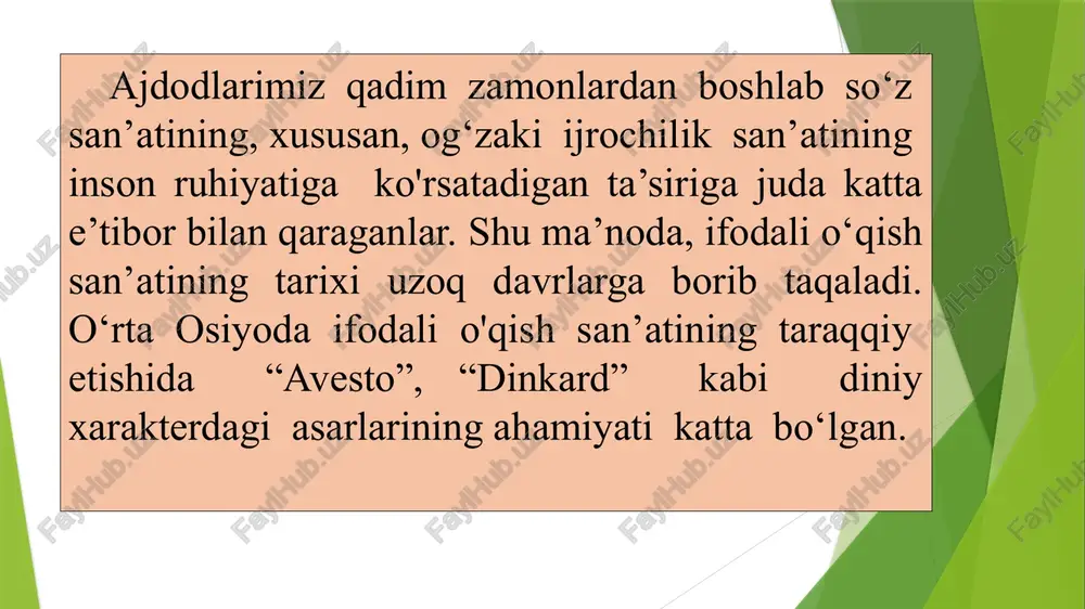 a (hodisalar)ga ism beruvchi til haqidagi ilmlar deb tasdiqlayman. “ ... xullas, yaxshi nutq uchun nahv, aruz, m antiq fanlari ham- korligidan foydalanish zarur bo‘ladi. ularning birortasiga ahamiyat bermaslik, bulardan birining qoidasining buzilishi, qolgan ikkitasiga ta ’sir qilmay iloji yo‘q”,- deb yozadi beruniy. farobiyning beruniy kabi allomalarning to‘g‘ri nutq tuzish masalasiga bu qadar e’tibor bilan qarashlari x asrlardayoq, yorqin nutq chiroyli gapirish, ifo­dali o‘qish san’atining taraqqiy etganligidan dalolat beradi. ibn sinoning “she’r san’ati”, abu rayhon beruniyning “o‘tmish ajdodlardan qolgan yodgorliklar”, “geodeziya” va boshqa asarlari tarkibida keltirilgan mukammal nutq tuzish haqidagi qimmatli fikrlari bugungi kunimiz uchun, ayniqsa, ahamiyatlidir. shuningdek, mahmud koshg‘ariyning “devonu lug‘otit turk”, zamaxshariyning “muqaddimat ul-adab”, “notiqlik asoslari” kabi asarlari so‘z san’ati ilmiga bag‘ishlangan bebaho ma’naviy xazina hisoblanadi. yusuf xos hojib, alisher navoiy kabi allomalar o‘z asarlarining butun-butun boblarini so‘zning ilohiy ne’mat ekanligi, so‘zning mo‘jizali qudratini ko‘rsatishga bag‘ishlaganlar. jumladan: zakovat ko‘rki so‘zdur, bu tilning ko‘rki so‘zdur, kishining ko‘rki yuzdur, bu …