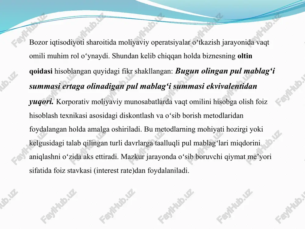 . fv=pv*(1+r) birinchi yil oxiriga kelgusi qiymat fv ni aniqlaymiz: fv1 =pv + pv x r = pv (1 + r) = 100 x (1 + 0,08) = 108 mos ravishda, ikkinchi yil uchun fv miqdorini aniqlaymiz (n=2): fv2 = fv1 + fv1 x r = pv (1 + r) + pv (1 + r) x r = pv (1 + r)2 = 100 x (1 + 0,08)2 = 116,64 birlik. pul mablag‘larining kelgusi davrlardagi qiymati misol. korxonada maʼmuriy xarajatlarni kamaytirish bo‘yicha chora-tadbirlar o‘tkazilgandan so‘ng, ushbu xarajatlardan har yili 1000 $ tejash imkoniyati yuzaga keldi. ushbu tejaladigan 1000 $ ni 5% stavkada bank depozitiga qo‘yilsa, besh yildan keyin yig‘iladigan summani aniqlang. 12 / 30 12 javob 5 4 3 2 1 0 1,000 1,000 1,000 1,000 1,000 1,050 1,102 1,158 1,216 1,526 1,000 korxonalar vaqtinchalik bo‘sh pul mablag‘larini banklar yoki boshqa moliya-kredit tashkilotlariga foiz hisobiga omonatga qo‘yishi, yoki vaqtinchalik yetishmayotgan …