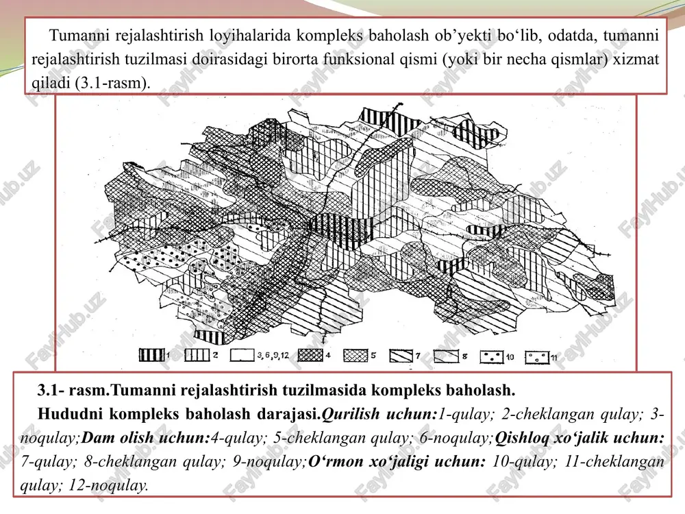mon xo‘jaligi, ommaviy dam olish va tabiatni muhofazalash uchun eng qulay tumanlar aniqlanadi. bunda asosiy informatsiya manbai bo‘lib maxsus institutlar, vazirliklar va idoralar tomonidan tuziladigan topografik, aero va kosmik, geomorfologik va injener-geologik materiallar xizmat qiladi. hududning geologik tuzilishini ko‘rib chiqqanda murakkab geologik tuzilishga ega, neotektonik va seysmik aktiv, tuzilish xususiyatlari hamda stratografik va litologik komplekslar quvvati va tarqalish qonuniyatlari bo‘yicha tumanlar ajratiladi. bunda, seysmik tumanlarda seysmik holatning tahliliga, ohaktoshlar tarqalgan tumanlarda karst jarayonlarining paydo bo‘lishi va harakteri, ularning intensivligiga alohida e’tibor beriladi. buning uchun geologiya fondining tektonik, geomorfologik, seysmik-geologik kartalaridan foydalaniladi. gidrogeologik shart-sharoitlarni tahlil qilganda yer osti suvlarining suv eltuvchi gorizontlari, ularning tarqalishi, chuqurligi, suvga to‘yinganligi, kimyoviy tarkibi va agressivligi kabi tavsiflari beriladi. bundan keyin ko‘rib chiqilayotgan hudud yer osti suvlari bilan ta’minlanganligi, ekspluatatsiya zahiralari va ularni kommunal-maishiy, sanoat, qurilish, qishloq xo‘jaligi, sog‘liqni saqlash maqsadlari uchun baholash nuqtai nazaridan tumanlashtiriladi. har bir sanab chiqilgan foydalanish turi uchun yer osti suvlarining …