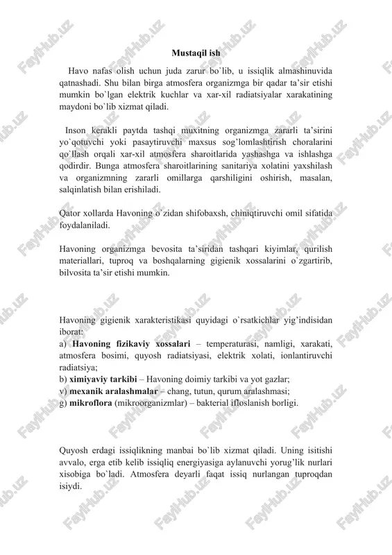1m3 havoning suv bug’lari bilan to`yinishi uchun etishmaydigan bug’ miqdori) deb ataladi. agar suv bug’larining zichligi chegaradan oshib ketsa, fazo suv bug’lari bilan to`yinadi; bundan ham oshib ketishi namlikning tuman, shudring yoki qirov xolida ajralishiga olib keladi. xar bir havo temperaturasiga muayyan darajada suv bug’lari bilan to`yinganlik to`g’ri keladi. temperatura qancha yuqori bo`lsa havoda suv bug’lari shuncha ko`p saqlanadi. mustaqil ish havo nafas olish uchun juda zarur bo`lib, u issiqlik almashinuvida qatnashadi. shu bilan birga atmosfera organizmga bir qadar ta’sir etishi mumkin bo`lgan elektrik kuchlar va xar-xil radiatsiyalar xarakatining maydoni bo`lib xizmat qiladi. inson kerakli paytda tashqi muxitning organizmga zararli ta’sirini yo`qotuvchi yoki pasaytiruvchi maxsus sog’lomlashtirish choralarini qo`llash orqali xar-xil atmosfera sharoitlarida yashashga va ishlashga qodirdir. bunga atmosfera sharoitlarining sanitariya xolatini yaxshilash va organizmning zararli omillarga qarshiligini oshirish, masalan, salqinlatish bilan erishiladi. qator xollarda havoning o`zidan shifobaxsh, chiniqtiruvchi omil sifatida foydalaniladi. havoning organizmga bevosita ta’siridan tashqari kiyimlar, qurilish materiallari, tuproq …