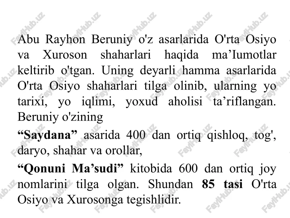 ʻd, tavo-vis, karmana, kushoniya, samarq-and, kesh, termiz, kot, fargʻona, shosh va boshqa shahar va viloyatlar taʼrifi keltirilgan. mundarijadan ko'rinadiki, “hudud ul-olam ” jahonning barcha mamlakatlarini tasvirlab bergan geografik, etnografik va iqtisodiy ma'lumotnomadir. asarning fors tilida yozilganligi o'sha davrda (x asr) mahalliy fors-tojik madaniyatining ancha yuksak bo'lganidan darak beradi. “chag‘onrud (surxondaryo)ki, chag'oniyondan oqadi va termiz yonida jayhunga quyiladi” . “ ...yana biri o‘zgand suvidirki, xallux tog‘i (orqasi)dan boshlanib, o'zgand, bob (pop), axsikat, xo‘jand, banokat shaharlari yonidan o'tadi va to choch yerlarigacha yetadi, so'ngra xorazm dengiziga quyiladi”. demak, muallif sirdaryoni o'zgand (o‘zgan) suvi degan. xallux (qarluq) tog‘i - tyanshan tog'lari bo'lsa kerak (ilk o'rta asrlarda yettisuvda qarluq davlati bo'lgan). hozirgi axsi qishlog‘i (namangan viloyati, to‘raqo"rg‘on tumani) o‘rta asrlarda yirik shahar bo'lgan va farg’ona vodiysining markazi hisoblangan. bob hozirgi pop tumanining markazi - pop shahri. banokat amir temur 1392-yilda tiklab o'zining katta o‘g‘li shohruh mirzo nomi bilan shohruhiya deb atagan shahar, xalq tilida …
