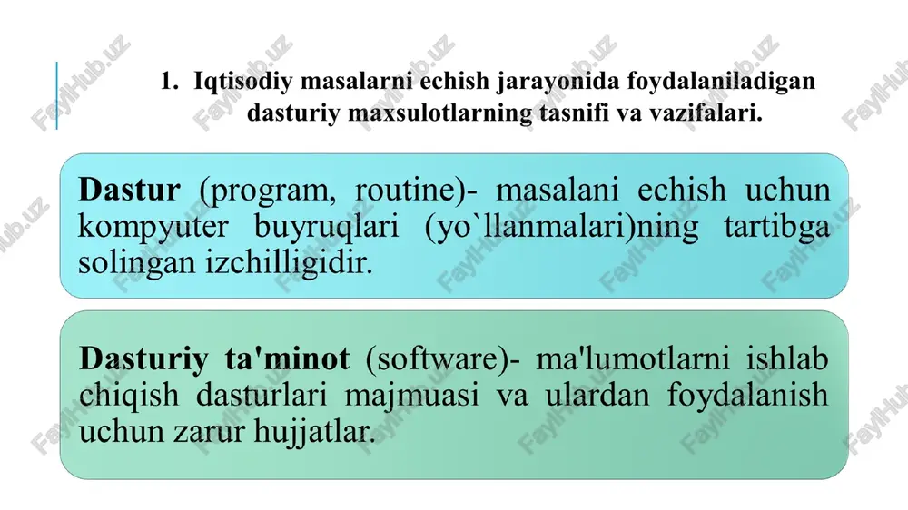 n pastda sodir bo'ladigan jarayondan bexabar qolishi mumkin. shu bilan birga foydalanuvchi tizim haqida qancha bilgisi kelsa, shuncha bilish imkoniyatiga ega bo‘lishi kerak. avval qayd etganimizdek, os ning asosiy vazifasi resurslar taqsimoti. dos oilasiga mansub operatsion tizimlar bu oilaning birinchi vakili — ms dos tizimidir (microsoft disk operating system — microsoft firmasining diskli operatsion tizimi). bu operatsion tizim 1981- yilda ibm pc paydo bo’lishi munosabati bilan chiqarilgan. dos oilasining operatsion tizimlari bir vazifali bo‘lib, quyidagi o‘ziga xos xususiyatlarga ega: ehm li interfeys foydalanuvchi kiritadigan buyruq yordamida amalga oshiriladi; tizimni ehmning boshqa turlariga o‘tishni soddalashtiradigan tuzilma mavjudligi; operativ xotiraga kirish hajmining uncha katta emasligi (640 kbayt). dos operatsion tizimi oilalarining jiddiy kamchiligi shaxsiy kompyuterlar va operatsion tizim zaxiralariga ruxsatsiz kirishdan muhofaza vositalarining yo‘qligidir. 2.microsoft windows, apple macintosh, unix va linux operatsion tizimlarining umumiy ta'rifi. windows oilasiga mansub operatsion tizimlar windows oilasidagi operatsion tizimlar microsoft firmasi tomonidan tayyorlangan. ular qulay grafik interfeysni …