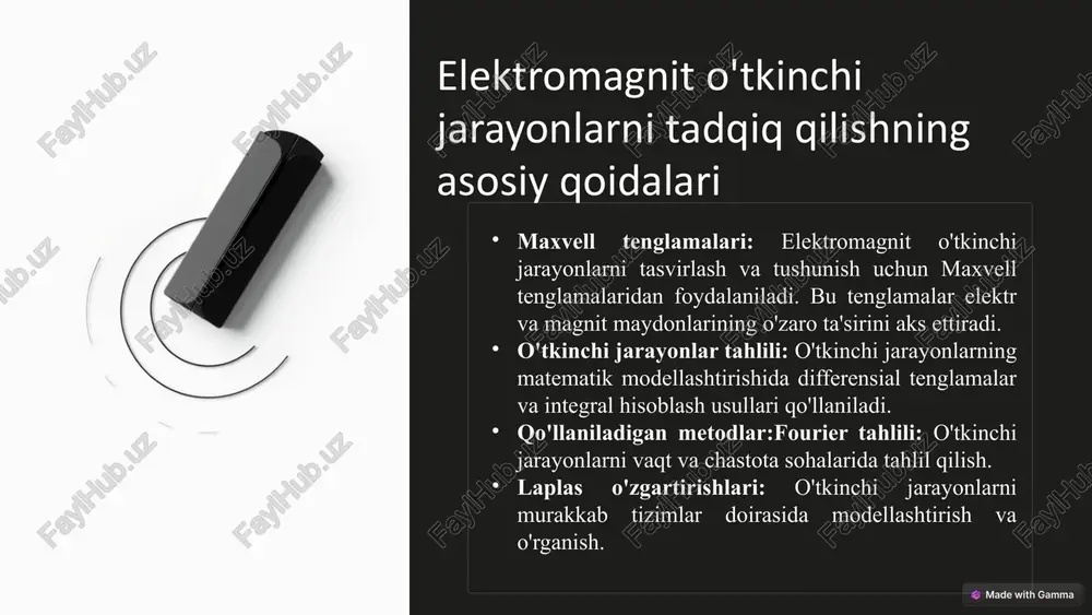 nlar nafaqat fizikaviy tizimlar, balki zamonaviy texnologiyalar va turli sohalarda energiya uzatish, signal uzatish, xavfsizlik va tizim barqarorligini ta'minlashda muhim rol o'ynaydi. bu jarayonlarni to'g'ri boshqarish va tahlil qilish tizimning samaradorligini oshiradi va kerakli natijalarga erishishda yordam beradi. adabiyotlar ro’yxati "engineering electromagnetics" by william h. hayt, john a. buck "introduction to electrodynamics" by david j. griffiths onlayn resurslar: "electromagnetic transients program (etap)" (https://www.etap.com/) etap dasturi yordamida elektromagnit o'tkinchi jarayonlarini simulyatsiya qilish va energiya tizimlaridagi transientslarni tahlil qilish. image1.png image2.png image3.png image4.png image5.png image6.png image7.png image8.png image9.png image10.png © made with gamma