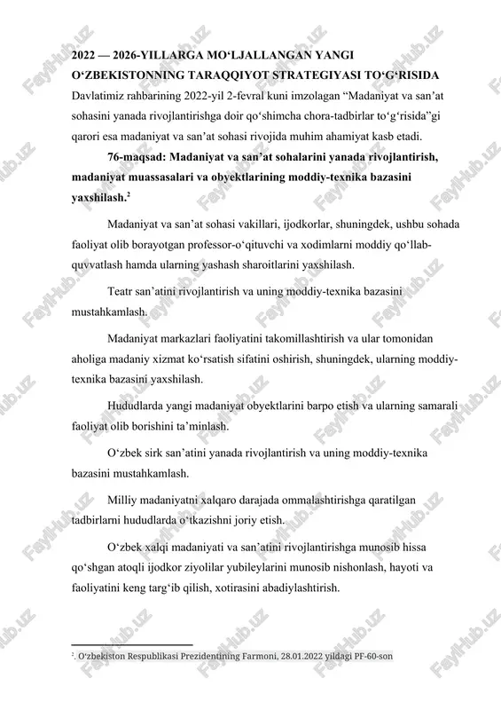aniy meros obyektlarini saqlash, restavratsiya va konservatsiya qilish bilan bog‘liq kompleks tadbirlarni amalga oshirish. aholi, ayniqsa, olis hududlarda istiqomat qiladigan fuqarolarga madaniy dam olish xizmatlari ko‘rsatish darajasini oshirish, respublikaning barcha hududlarida teatr, sirk va boshqa turdagi ommaviy-madaniy va konsert-tomosha tadbirlarini tizimli ravishda yo‘lga qo‘yish, madaniyat va san’at sohasida iste’dodli yosh ijodkorlarni izlab topish va qo‘llab-quvvatlash, ta’lim muassasalarini milliy cholg‘ular, musiqa darsliklari, notalar to‘plamlari va o‘quv-metodik adabiyotlar bilan ta’minlashning yaxlit tizimini yaratish maqsadida, shuningdek, 2022 — 2026-yillarga mo‘ljallangan yangi o‘zbekistonning taraqqiyot strategiyasinida amalga oshirishga oid davlat dasturiga muvofiq: 1. 2022/2023 o‘quv yilidan boshlab ta’lim muassasalarida o‘quvchi va talabalarning musiqiy bilim va ko‘nikmalarini oshirish, ularning qalbida milliy madaniyatga bo‘lgan muhabbatni shakllantirish, yosh iste’dodlarni aniqlash va qo‘llab-quvvatlashga qaratilgan quyidagi chora-tadbirlar amalga oshirilishi belgilansin: a) umumiy o‘rta ta’lim muassasalarida: o‘quvchilarga mazkur qarorga 1-ilovadagi ro‘yxatda keltirilgan milliy musiqa cholg‘ularidan kamida bittasida kuy ijro etish ko‘nikmalari o‘rgatiladi hamda bu haqda ularning ta’lim to‘g‘risidagi hujjatiga (shahodatnoma) tegishli …