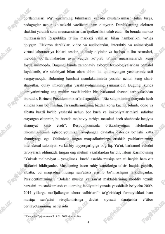 gi kunda jamiyatimizning eng muhim vazifalaridan biri barkamol shaxsni tarbiyalashdan iboratdir. birinchi prezidentimiz ta‘kidlaganidek: “biz xalqimizning dunyoda hech kimdan kam bo‘lmasligi, farzandlarimizning bizdan ko‘ra kuchli, bilimli, dono va albatta baxtli bo‘lib yashashi uchun bor kuch va imkoniyatlarimizni safarbar etayotgan ekanmiz, bu borada ma’naviy tarbiya masalasi hech shubhasiz beqiyos ahamiyat kasb etadi”. respublikamizda o‘tkazilayotgan islohotlarni takomillashtirish iqtisodiyotimizni rivojlangan davlatlar qatorida bo‘lishi katta ahamiyatga ega. oldimizda turgan maqsadlarimizga erishish yoshlarimizning intellektual salohiyati va kasbiy tayyorgarligiga bog‘liq. ya‘ni, barkamol avlodni tarbiyalash oldimizda turgan eng muhim vazifalardan biridir. islom karimovning "yuksak ma’naviyat – yengilmas kuch" asarida musiqa san’ati haqida ham o‘z fikrlarini bildirganlar. musiqaning inson ruhiy kamolotiga ta’siri haqida gapirib, albatta, bu maqsadga musiqa san‘atisiz erishib bo‘lmasligini ta’kidlaganlar. prezidentimizning “bolalar musiqa va san’at maktablarining moddiy texnik bazasini mustahkamlash va ularning faoliyatini yanada yaxshilash bo‘yicha 2009-2014 yillarga mo‘ljallangan chora tadbirlari”[footnoteref:1] to‘g’risidagi farmoyishlari ham musiqa san’atini rivojlantirishga davlat siyosati darajasida e’tibor berilayotganining natijasidir. [1: “xalq so'zi” …