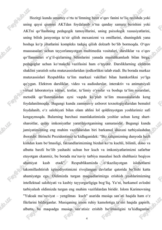 oriya ishlari, testlar, ta‘limiy o‘yinlar va boshqa ta‘lim resurslari, metodik qo‘llanmalardan ayni vaqtda ko‘plab ta‘lim muassasalarida keng foydalanilmoqda. bugungi kunda zamonaviy axborot texnologiyalaridan bemalol foydalanib, o‘z salohiyati bilan olam ahlini lol qoldirayotgan yoshlarimiz safi kengaymoqda. bularning barchasi mamlakatimizda yoshlar uchun keng shart-sharoitlar, qulay imkoniyatlar yaratilayotganining samarasidir. bugungi kunda jamiyatimizning eng muhim vazifalaridan biri barkamol shaxsni tarbiyalashdan iboratdir. birinchi prezidentimiz ta‘kidlaganidek: “biz xalqimizning dunyoda hech kimdan kam bo‘lmasligi, farzandlarimizning bizdan ko‘ra kuchli, bilimli, dono va albatta baxtli bo‘lib yashashi uchun bor kuch va imkoniyatlarimizni safarbar etayotgan ekanmiz, bu borada ma’naviy tarbiya masalasi hech shubhasiz beqiyos ahamiyat kasb etadi”. respublikamizda o‘tkazilayotgan islohotlarni takomillashtirish iqtisodiyotimizni rivojlangan davlatlar qatorida bo‘lishi katta ahamiyatga ega. oldimizda turgan maqsadlarimizga erishish yoshlarimizning intellektual salohiyati va kasbiy tayyorgarligiga bog‘liq. ya‘ni, barkamol avlodni tarbiyalash oldimizda turgan eng muhim vazifalardan biridir. islom karimovning "yuksak ma’naviyat – yengilmas kuch" asarida musiqa san’ati haqida ham o‘z fikrlarini bildirganlar. musiqaning inson ruhiy kamolotiga ta’siri …