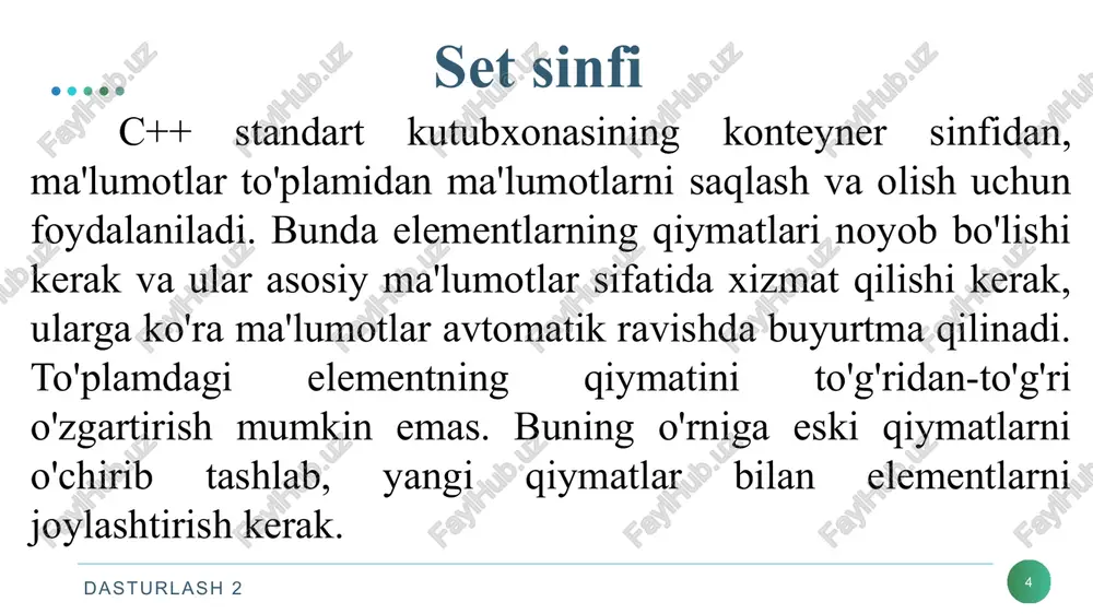 shora qiluvchi iteratorni qaytaradi. 12 equal_range belgilangan kalitdan kattaroq kalit bilan to'plamdagi birinchi elementga va berilgan kalitdan kattaroq yoki unga teng keladigan to'plamdagi birinchi elementga mos ravishda iterator juftligini qaytaradi. 13 erase belgilangan pozitsiyalardan biron bir element yoki elementlar qatorini o’chiradi yoki berilgan kalitga mos keladigan elementlarni o’chiradi. 14 find belgilangan kalitga teng keladigan kalit bilan to'plamdagi elementning joylashuviga kiradigan iteratorni qaytaradi. 15 get_allocator to'plamni yaratish uchun foydalaniladigan ajratuvchi ob'ektining nusxasini qaytaradi. dasturlash 2 set uchun aniqlangan funksiyalar 11 № nomi izoh 16 insert to’plamga elementlar yoki elementlar qatorini qo'shadi. 17 key_comp to'plamda elementlarni tartibga solish uchun ishlatiladigan taqqoslash obyektining nusxasini oladi. 18 lower_bound belgilangan kalitdan kattaroq yoki unga teng bo'lgan kalit bilan to'plamdagi birinchi elementga ishora qiluvchi iteratorni qaytaradi. 19 max_size to'plamning maksimal uzunligini qaytaradi. 20 rbegin inverter to'plamdagi birinchi elementga kiradigan iteratorni qaytaradi. 21 rend invertirlangan to'plamdagi oxirgi elementdan keyingi joyga ishora qiluvchi iteratorni qaytaradi. 22 size to'plamdagi …