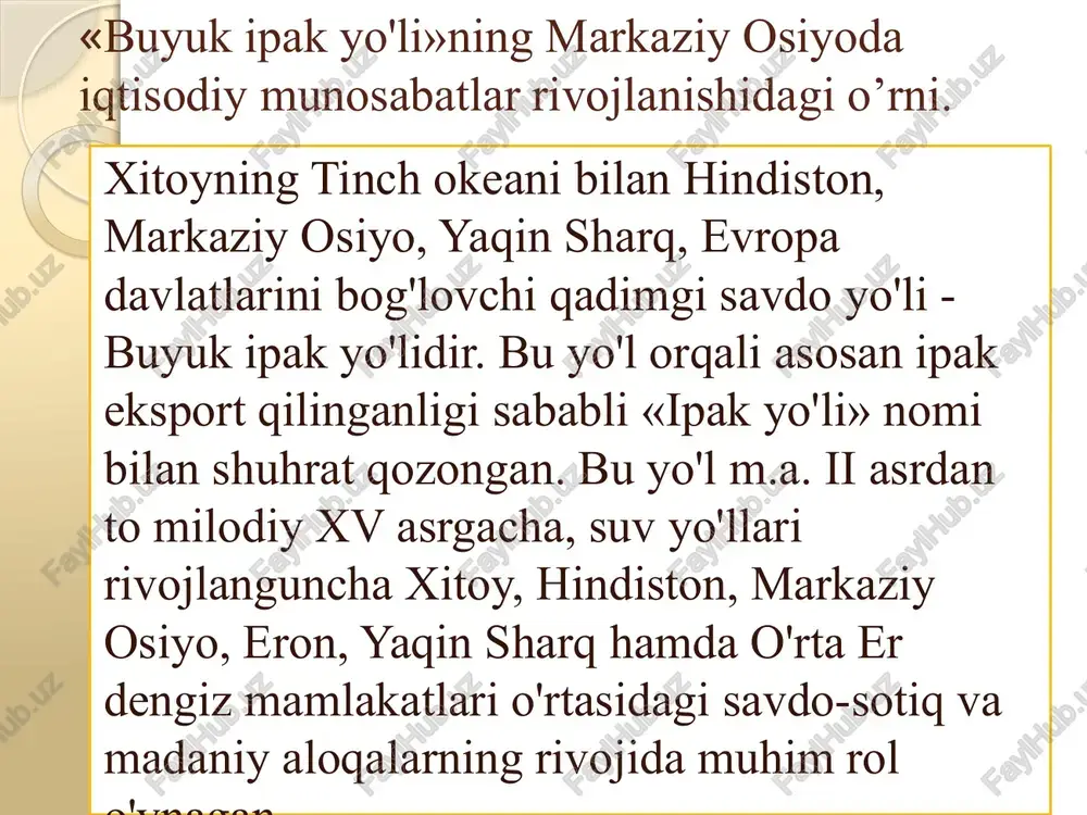qarashlari. abu nasr forobiy mulkchilik haqida fikr yuritib, mulkka egalik qilish, undan maqsadga muvofiq foydalanish, o’ziga to’q yashash to’g’risidagi ilg’or fikrlarni ilgari suradi. u odamlarga, avlodlarga zarar keltirmaydigan mol-mulk orttirish foydali ish ekanligi, boshqalar uchun zarar keltiradigan boylik to’plash, mol-mulk orttirish esa yomon odat ekanligini aytib o’tadi. abu rayhon beruniy muhammad ibn ahmad xi asr qomusiy olimi. beruniy juda yoshligidan ilm va fanga qiziqadi. u sevgan fanlar — astronomiya, matematika, geodeziya, geografiya va mineralogiya bo’lgan. beruniyning matematikaga va fanning boshqa sohalariga qo'shgan hissasini yozib qoldirgan 100 dan ortiq asaridan ham ko'rish mumkin. ulardan eng yiriklari — „hindiston“, „yodgorliklar“, „qonuni mas’udiy“, „geodeziya“, „mineralogiya“ va „astronomiya“ qolganlarini quyidagicha taqsimlash mumkin: abu rayhon beruniy muhammad ibn ahmadning matematikaga doirlari — 22 ta; astronomik asboblar haqida — 10 ta; astrologiklari — 21 ta; turli fanlar (fizika, mineralogiya, adabiyot, tarix va boshqalar) — 38 ta; turli tillardan tarjima asarlar — 21 ta. beruniyning bu asarlaridan …