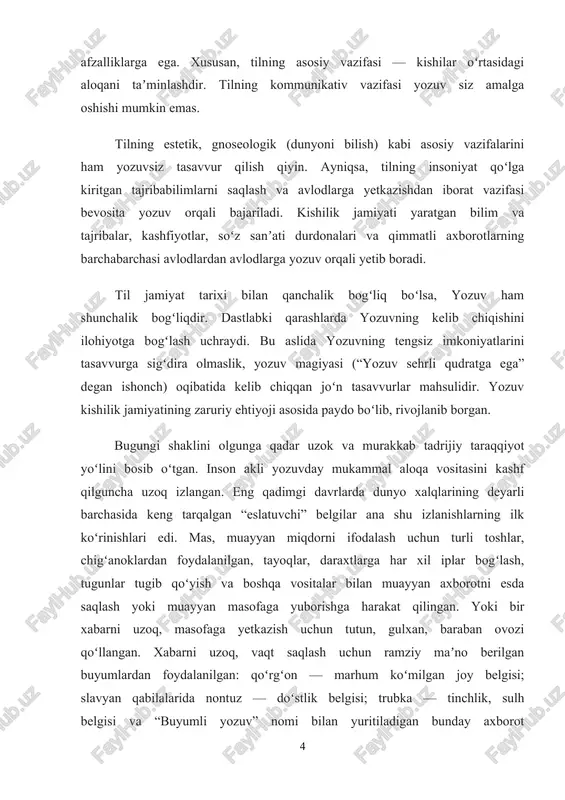 di. masalan, qadimgi turkiy tillarda “yozmoq,” tushunchasi “bit(i)moq” feʼli (“bitik” — yozuv, kitob) bilan ifodalangan. bu feʼlning oʻzagi xitoycha “bi” (moʻyqalam) soʻzi bilan aloqador boʻlib, dastlabki maʼnosi “oʻymoq, oʻyib bezamoq”, undan keyin “yozmoq” demakdir. slavyan tillardagi “pisati” (rus. “pisat” — “yozmoq,”) feʼlining maʼnosi ham dastlab moʻyqalamda rasm chizish bilan bogʻliq boʻlgan (rus. “jivopis” — rangtasvir soʻzi bilan qiyoslang). bu feʼlning oʻzagi lot. “pingere” (rasm solmoq) soʻzi bilan aloqadordir, “pisati” feʼlining dastlabki maʼnosi, koʻrinadiki, “rasm solmoq”, “bezamoq,”dan iborat boʻlgan. gotcha “melian” (yozmoq) feʼlining dastlabki maʼnosi ham moʻyqalamda “rasm solmoq” boʻlib, bu feʼl hozirgi nemis tilida “malen” shaklida va “rasm solmoq” maʼnosida qoʻllanadi. yunon tilidan koʻpgina tillarga oʻtgan “grafika” soʻzi ham etimologik jihatdan oʻyish, tirnash tushunchalarini ifodalaydi. bu misollar yozuvning rasm bilan benihoya bogʻliq ekanligini yaqqol koʻrsatadi, yozuv jarayoni mexanikasini ham ochib beradi. rasmlar yordamida muayyan fikraxborotni ifodalash, yuborish mumkin ekanligini odamlar juda qad. davrlarda anglab yetganlar. shuning uchun qam rasmli yozuv …