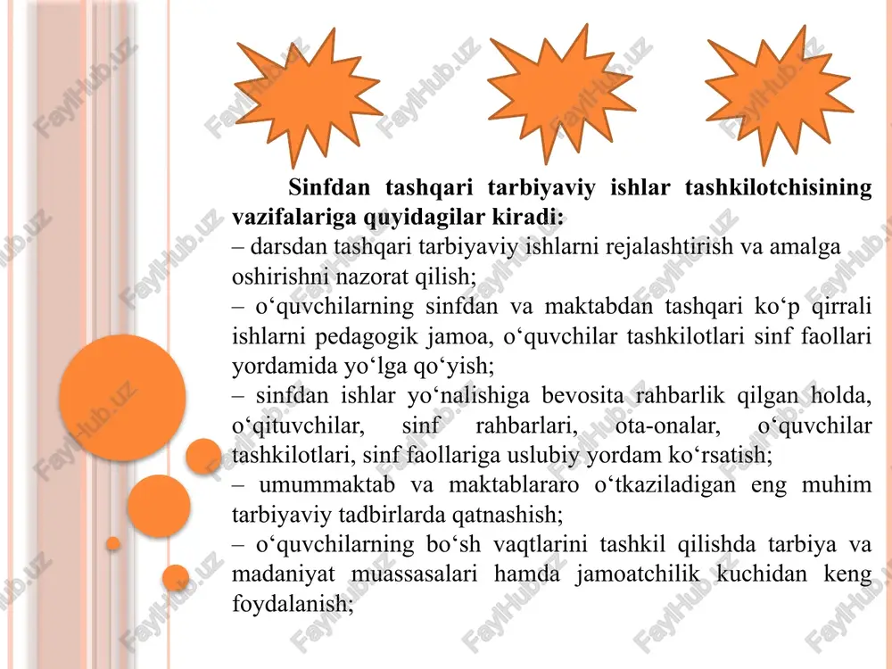 orlik to`garaklari; g) sport to`garagi; d) badiiy havaskorlik to`garagi. maktabdan tashqari faoliyatga quyidagilar kiradi: og'zaki ish usullari: majlislar, yig'inlar, ma'ruzalar, kutubxonalar, konferensiyalar, munozaralar, uchrashuvlar, gazetalar, radio va jurnallar. sinfdan va maktabdan tashqari ishni rejalashtirish bolalarning yosh xususiyatlariga, maktabning joylashgan shart-sharoitlariga, ijodiy birlashmalariga, ilmiy markazlar bilan o'zaro aloqasi kabi ishlarni inobatga oladi. direktor o'rinbosarining faoliyati, o'z ifodasini topgan xujjatlar ro'yxati, xalq ta'limi tomonidan doimiy ravishda berilib boriladi. «sinfdan va maktabdan tashqari tarbiyaviy ishlar» konsepsiyasi xalq vazirligi tomonidan 1993 yilda tasdiqlangan. sinfdan va maktabdan tashqari ishlar metodikasi fani va bo'limiga sinf rahbarlarining ishlari, maktab ma'muriyatining tarbiyaviy ishlari kiritiladi. bunda o'qituvchilarning o'quvchilar bilan muomilasi, adolatli bo'lishi, ta'sir ko'rsata olishi kerak. o'quvchi yoshlarni hozirgi zamon ma'naviyati bilan ongini sug'orish, ya'ni singdirish kerak. o'quvchilarni qadriyatlarimiz asosida urf-an'analarimiz asosida tarbiyalash har bir o'qituvchining vazifasi. sinf rahbarining rahbarligi va nazorati ostida harakat qiladigan o'quvchilar toifasida majburiy ijro etish holati paydo bo'ladi. bunda o'quvchilar ishga unchalik qiziqish bildirmaydilar. …