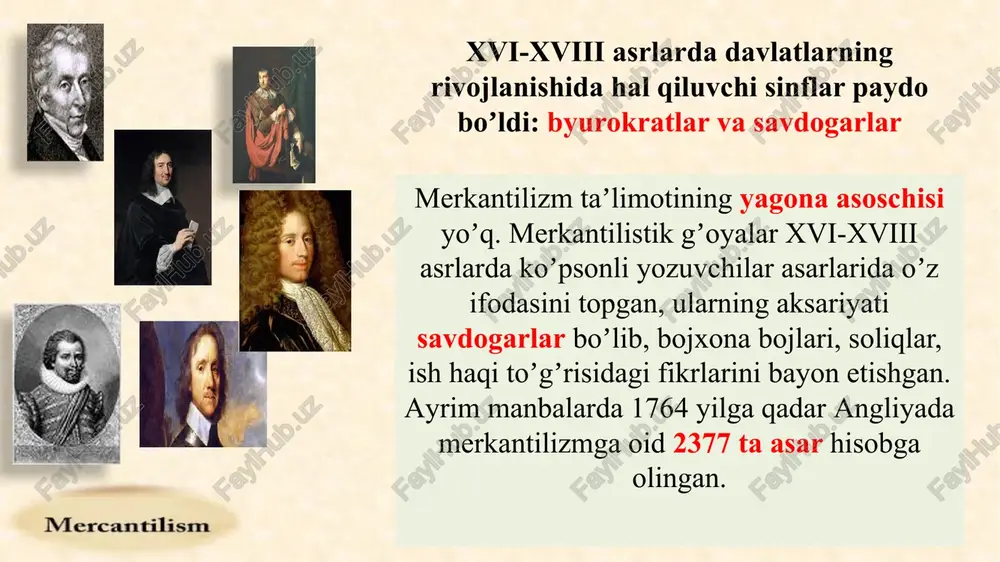 flotni harakatga keltirar va ularning puli tugamas edi. xorijlik sharhlovchilar golland tajribasini qanday takrorlashni muhokama etishni boshlashdi. biz ularni merkantilistlar, deb ataymiz (ingliz yozuvchilari uilyam petti, jon lokk, ser joziya chayld va fransuz vazirlari jan-batist kolber va jak nekker). «golland boshqotirmasi» manufakturalarning rivoji mustamlakalardan keltirilgan arzon, koʼp va sifatli xom ashyo hisobiga roʼy berdi, tayyor mollar esa oʼsha va boshqa mamlakatlarga olib borilib, ancha qimmatga pullangan. noekvivalent almashuv oqibatida metropoliya boyib borgan. angliya agar angliya xududini 1 deb olsak, u oʼzidan 120 marta katta boʼlgan yerni koloniyaga aylantirgan va undan ustalik bilan foydalangan. merkantilistik qarashlarga oid ilk misol sifatida xiv asrning 70 yillarida angliya qiroli richard ii (1377-1399) tomonidan london savdogarlariga “mamlakat farovonligini qanday oshirish mumkin?”, degan murojaatiga savdogarlar “xorijliklardan kamroq sotib olish, koʼproq sotishga harakat qilish zarur”, deya javob berishganliklarini keltirish mumkin. natijada, 1381 yilda angliyadan tashqariga pul olib chiqishni taqiqlash, xorijlik savdogarlarning qarzlari ingliz tovarlari hisobidan uzilishi zarurligi …