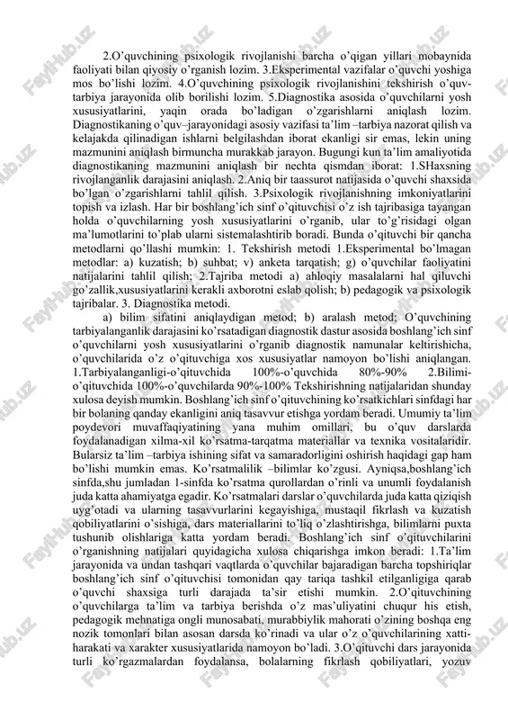 lgan. jumladan, prezident o’z ma’ruzasida: “o’zbekiston respublikasining yoshlarni tarbiyalashda oldinga qo’yayotgan asosiy maqsadlardan biri – biz o’z oldimizga mamlakatimizda uchinchi renessans poydevorini barpo etishdek ulug’ maqsadni qo’ygan ekanmiz, buning uchun yangi xorazmiylar, beruniylar, ibn sinolar, ulug’beklar, navoiy va boburlarni tarbiyalab beradigan muhit va sharoitlarni yaratishimiz kerak”-deya alohida ta’kidlab o’tdi. bunda, avvalo, ta’lim va tarbiyani rivojlantirish, sog’lom turmush tarzini qaror toptirish, ilm-fan va innovatsiyalarni taraqqiy ettirish milliy g’oyamizning asosiy ustunlari bo’lib xizmat qilishi lozimligi aytib o’tildi. mana shunday shaxsni tarbiyalashda –boshlang’ich ta’limda faoliyat ko’rsatayotgan o’qituvchidan alohida katta kuch, mahorat, sabr matonat talab etadi.[1.3] har bir kasbning o’z fazilati, zavqi, mashaqqati bor, deydilar. ha,bu juda to’g’ri, haqqoniy hayotiy so’zlardir. mana, shifokor o’z kasbi doirasida bemor dardini tinglaydi, uning dardini aniqlaydi va unga malham buladi. kishilarning salomatligi uchun kechayu kunduz kurashib,turli kasalliklarni oldini olish choralarini ko’radi. shoirning dilga yoqar she’rlari esa kishilarni ijodiy mehnatga ilxomlantiradi, insonga ma’naviy oziq beradi va hokazo. boshlang’ich sinf …