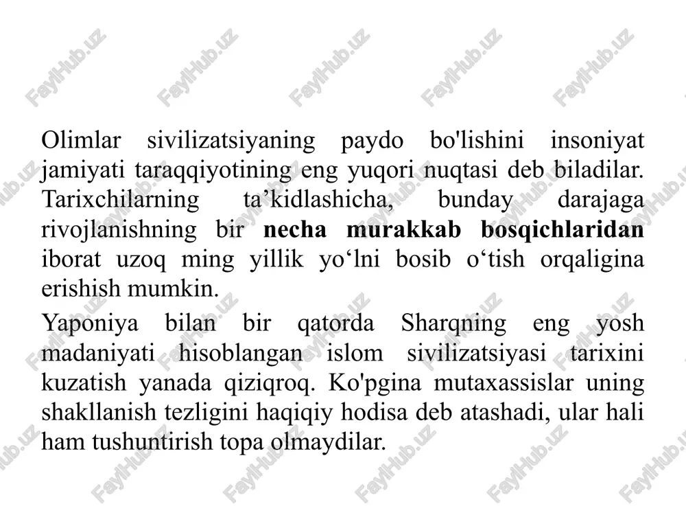 utuqlariga erishib bo‘lmas edi. islom e’tiqodiga tayangan holda barpo etilgan madaniyat va sivilizatsiya nafaqat qadimgi dunyo merosini saqlab qoldi, balki hayotga tadbiq qildi, tizimlashtirdi, tushuntirildi, tanqidiy tahlil qilindi, o‘zgartirildi va nihoyat zamonaviy ilm-fan rivojiga o‘zining ulkan hissasini qo‘shdi. birinchi islom asrining oxirlaridayoq nasl-nasabi arab bo‘lmagan islom ulamolari katta islom mamlakatida ilm targ‘ibotchisiga aylanganlar. fatvo, fiqh va hadis ilmlarida eng yetuk ulamolar ajam bo‘lganliklari tarixda ma’lum va mashhur. mashhur musulmon allomasi ibn xaldun (1332-1406) bunday yozadi: “hayotdagi ajab ishlardan biri: islom millatida shar’iy va aqliy ilmlarda yetuk olimlarning ko‘pchiligi ajamlar ekanidir, ya’ni arab millatidan bo‘lmaganlardir. islom shariati arab tilida, shariat sohibi hazrat muhammad alayhissalomning arab bo‘lishiga qaramasdan, islom ulamolarining ko‘pchiligi ajam bo‘lganlar. ulardan ba’zilari arablarga nisbat berilsa-da, ona tili, tug‘ilib o‘sgan joyi, hatto dars bergan mashoyixlarigacha ajam bo‘lganlar. nahv ilmi, ya’ni arab grammatikasining asoschilari sanalmish sibavayh, al-forisiy va zajjojlar nasl-nasabda arab emaslar. shuningdek, hadis, usulul fiqh, kalom ilmi, mufassir ulamolarning ko‘pchiligi …