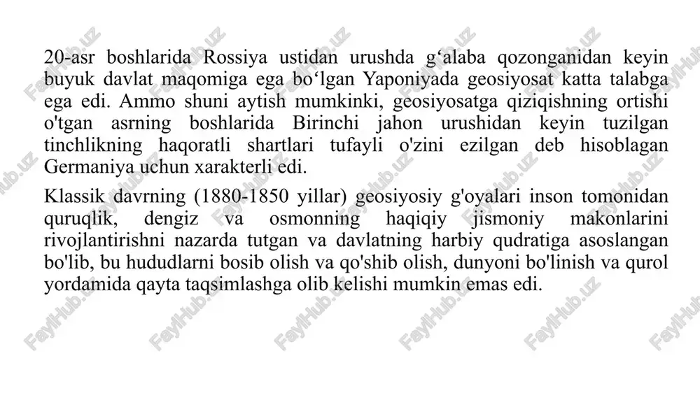 rlarda yashashi va o'lishi kerak, uning taqdiriga bo'ysunadi". ko'rib turganimizdek, nemis geosiyosatining asoschisi xalq va uning muhiti o'rtasidagi bog'liqlikni ta'kidlab, bu bog'liqlikni o'ziga xos abadiy, tarixdan tashqari mutlaq darajaga ko'taradi. ratzelning ilmiy izlanishlariga ta'sir qilgan yana bir hayajonli voqea 1871 yilda germaniyaning birlashishi edi. ratzel "dunyo kuchi" (weltmacht) ning muhim geosiyosiy kontseptsiyasini shakllantirdi. uning ta'kidlashicha, yirik davlatlar o'z rivojlanishida maksimal geografik kengayishga erishishga intiladi, asta-sekin sayyora darajasiga yetadi. shuning uchun, ertami-kechmi geografik rivojlanish uning kontinental bosqichiga yaqinlashishi kerak. amerika qit'a makonlarini siyosiy va strategik birlashtirish tajribasidan olingan ushbu tamoyilni germaniyaga nisbatan qo'llagan ratzel uning qit'aviy davlat sifatidagi taqdirini bashorat qildi. 1876 ​​yilda ratzel "xitoy emigrasiyasi" mavzusiga bag'ishlangan doktorlik dissertatsiyasini tugatdi. shunisi e'tiborga loyiqki, u xitoyning aholini (majburiy) fazoviy taqsimlash tizimidan hayratda ekanligini, uning yordamida pekin tomonidan bosib olingan hududlarni mustamlaka qilish amalga oshirilgan. u bu haqiqatni germaniya tomonidan qo'llanilishi mumkin bo'lgan tinch mustamlakachilik usuli deb hisoblaydi, chunki u yerda aholi …