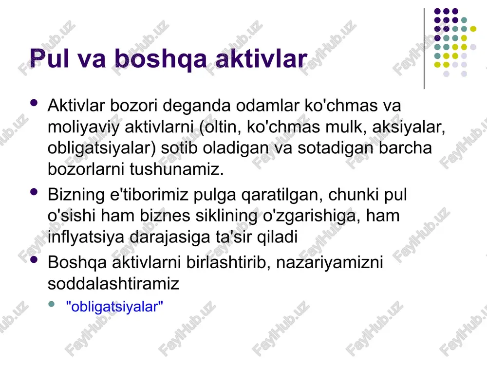 bo'lgan aktiv miqdorini (umumiy boylikni hisobga olgan holda) anglatadi. bizni, ayniqsa, pulga bo'lgan talab (naqd pul va depozitlar) qiziqtiradi. makro modelimiz uchun biz pul talabi barcha shaxslar va xususiy firmalar (banklar bundan mustasno) tomonidan ushlangan pul mablag'lari hisoblanadi. demak, endi biz pulga bo'lgan talabni ham, pul taklifini ham aniqladik - muvozanat holati qachon erishilishi mumkin? pulga bo'lgan talabni nima belgilaydi? pul bu operatsiyalarni amalga oshirishda foydalaniladigan aktiv ekan, uning miqdori operatsiyalarni amalga oshirish zarurligiga, shuningdek pulni ushlab turish xarajatlariga bog'liq. pul talabini belgilovchi omillarga quyidagilar kiradi: narxlar darajasi: narxlar yuqoriroq bo'lganda, ma'lum bir real operatsiyalar darajasini qo'llab-quvvatlash uchun pulning yuqori nominal qoldiqlari kerak. real daromad: ko'proq daromad odatda ko'proq operatsiyalarga ehtiyoj tug'diradi. foiz stavkalari: pul bo'lmagan aktivlar (i) va pul (im) bo'yicha foiz stavkalarining farqi. pulga bo'lgan talab funksiyasi pulga bo'lgan talabning vazifasi: muqobil shakllar pul talabiga ta'sir qiluvchi boshqa omillar l funktsiyasiga kiritilmagan ba’zi omillar: boylik muqobil aktivlardagi risk …