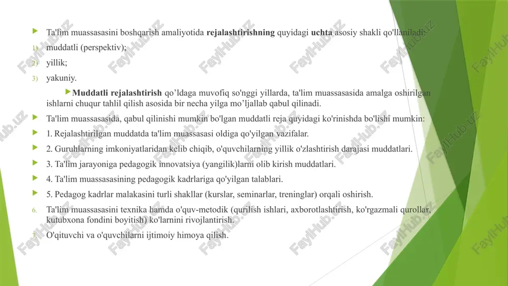 uv-tarbiya jarayonining maqsadida namoyon bo'ladi. ikkinchidan, tashkil etish deganda belgilangan rejalarni amalga oshiruvchi, oldiga qo'yilgan maqsadga erishish uchun butun pedagogik jarayonni boshqaruvchi ta'lim muassasasi rahbarlari, o'qituvchilar, o'quvchilarning o'z-o'zini boshqarish organlari faoliyati tushuniladi. boshqarishni tashkil etuvchi asosiy boshqarmalar sifatida ta'lim muassasasining kengashi, pedagogik kengash, direktor boshqaradigan majlis, direktor o'rinbosaiiarining majlisi, tezkor yig'ilishlar, metodik seminarlarni qayd etish mumkin. pedagogik kengash faoliyati demokratik va oshkoralik tamoyillariga asoslanib olib boriladi. pedagogik kengashlarda anketalar, savol-javoblar, nazorat ishlar, tanlov ishlari ko'riladi. bundan tashqari pedagogik kengash yig'ilishlarida ta'lim muassasasi hayoti va faoliyatiga doirdolzarb masalalar hal qilinadi. shuning uchun pedagogik kengashni turli muhokamali, muammoli masalalardan ozod qilish uchun ta'lim muassasalarda direktor yig'ilishlari tashkil etiladi. direktor yig'ilishlarida rahbariyat va o'qituvchilar ishtirok etib qolmay, boshqa ishchi xodimlar ham qatnashishlari mumkin. ta'lim muassasasi o'rinbosarlarining yig'ilishlarida kundalik savollar va ma'muriy boshqarishga o’ld masalalar muhokama qilinadi. bunday majlislar ta'lim muassasasi rejasi bo'yicha o'quv yilining choragi (semestri)da yoki har oyda bo'lib o'tadi. tezkor axboriy …