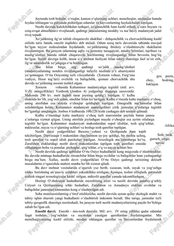 machilikdan dehqonchilikka, xo‘jalikning ishlab chiqarish shakliga o‘tish boshlangan. bu jarayon tarixda bir vaqtda boshlanmagan va ba’zi joylarda ancha erta, boshqa joylarda biroz kech sodir bo‘lgan. hayvonlarni qo‘lga o‘rgatish qay tariqa boshlangan? tarixchilar va etnograflarning aytishicha, ovda kamon ishlatilishi natijasida bevosita iste’moldan ancha oshiq o‘lja topish mumkin edi. ovchilar yarador hayvonlarni yoki ularning bolalarini birdaniga o‘ldirmasdan, uylariga olib kelganlar. ayrim xollarda, bu hayvonlarni odamlar oziq-ovqat g‘amlab qo‘yish maqsadida boqishlari lozim bo‘lgan. termachilik mashg‘ulotining rivojlanishi natijasida, inson o‘simliklar olami haqida ko‘p ma’lumotlarga ega bo‘lgan (o‘simlik va daraxtlar o‘sishi qonuniyatlari, hosil qilishi, ularning foydaligi va zararligi, don va urug‘lar, mevalar, ildizlar haqida va boshqa ma’lumotlar). mezolit davrida qadimgi sharqdagi issiqtalab yovvoyi boshoqli o‘simlik va daraxtlar ham tobora ko‘paya borgan. bu yerda dehqonchilik rivoj topishiga turli xil imkoniyatlar bo‘lgan. old osiyo va ikkidaryo - dajla va frot oralig‘ida yashovchi termachilar bug‘doy va arpa ekish tarixini boshlab berganlar. shu hududlarda mil. avv. x-ix mingyilliklarda it …