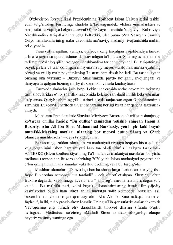 lm olish, o‘z mehnati evaziga halol yashash, noz-ne’matlarni ko‘pchilik bilan baham ko‘rish, faqirona hayot kechirish, hammaga yaxshilikni ravo ko‘rishni afzal bilganlar. bahouddin naqshband - aybsiz odam yo‘q, shuning uchun agar aybsiz do‘st axtarsak do‘stsiz qolamiz, - der edilar. odamlarga yaxshilik qilish eng yuksak insoniy burch ekanligini ta’kidlab, sham kabi bo‘lgin va odamlarga yorug‘lik ber, o‘zing esa qorong‘uda bo‘l, degan ekanlar. xoja bahouddinning «ko‘ngil allohda bo‘lsinu, qo‘ling esa ishda» hikmatlarining inson ma’naviy dunyosi takomilidagi ahamiyati beqiyosdir. tasavvuf tariqatlari haqida so‘zlaganda najmiddin kubro asos solgan kubroviya haqida ham to‘xtab o‘tishni maslahat beramiz. biz najmiddin kubro siymosida faqat tariqat boshchisini emas, balki o‘z vatanini, xalqini dildan sevgan insonni ham ko‘ramiz. 1221 yilda bosqinchi mo‘g‘ul galalari qadami xorazmga yetib boradi. muhammad xorazmshoh mamlakatni, fuqaroni o‘z holiga tashlab qochadi. shu qaltis damlarda urganchni himoya qilishga 76 yoshlik najmiddin kubro boshchilik qiladi va jangda qahramonlarcha shahid bo‘ladi. uning siymosi xalq qahramoni sifatida asrlar osha yashab kelmoqda. …