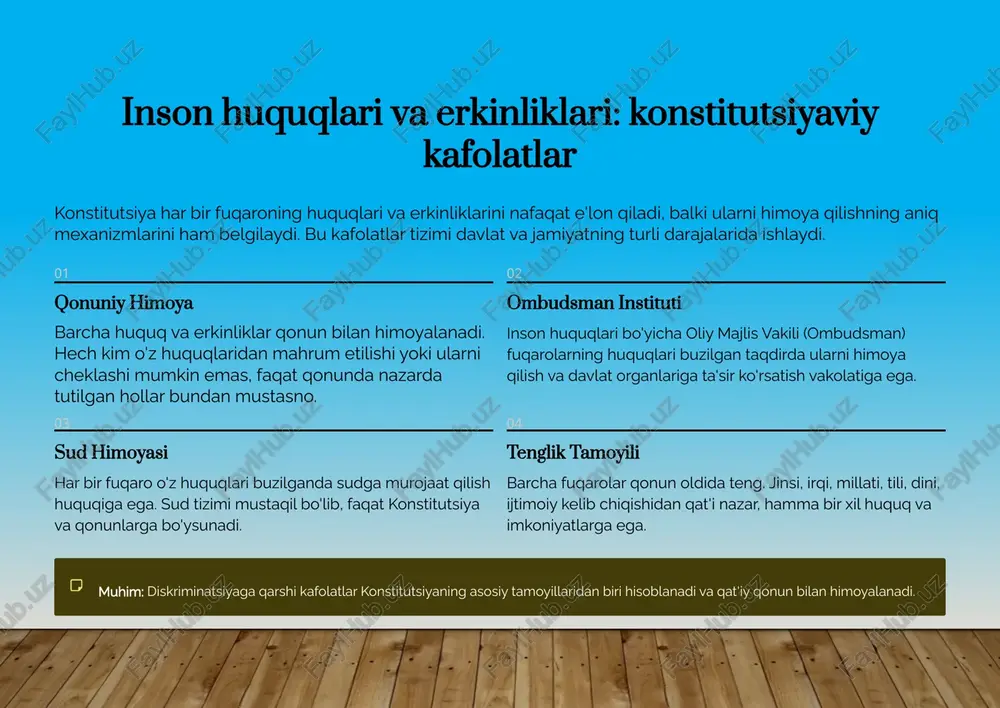 munosabatlarni mustahkamlash uchun bir qator choralar ko'rilmoqda. 1 ochiqlik va shaffoflik davlat organlari o'z faoliyati to'g'risida muntazam ravishda axborot beradi. "ochiq ma'lumotlar" portali orqali fuqarolar davlat qarorlariga kirish imkoniyatiga ega. 2 fuqarolar murojaatlari har bir fuqaro davlat organlariga shikoyat, taklif va murojaatlar yuborish huquqiga ega. "yagona deraza" xizmati orqali murojaat qilish jarayoni soddalashtirildi. 3 xizmatlar sifatini baholash fuqarolar davlat xizmatlari sifatini baholash va o'z fikr-mulohazalarini bildirish imkoniyatiga ega. bu tizim xizmatlar sifatini yaxshilashga yordam beradi. 4 demokratik islohotlar huquqiy davlat qurish yo'lida doimiy islohotlar amalga oshirilmoqda. qonunchilik takomillashtirilmoqda, sud-huquq tizimi isloh qilinmoqda. elektron hukumat portali my.gov.uz portali orqali fuqarolar 400 dan ortiq davlat xizmatidan onlayn foydalanishlari mumkin. bu nafaqat vaqtni tejaydi, balki shaffoflikni ham ta'minlaydi. hujjatlar rasmiylashtirish to'lovlarni amalga oshirish ma'lumotnomalar olish arizalar topshirish 8 konstitutsiya – barqaror taraqqiyot asosi konstitutsiya nafaqat huquqlarni himoya qiladi, balki mamlakatning barqaror rivojlanishi uchun mustahkam asos yaratadi. yangi o'zbekiston demokratik, huquqiy va ijtimoiy davlat …