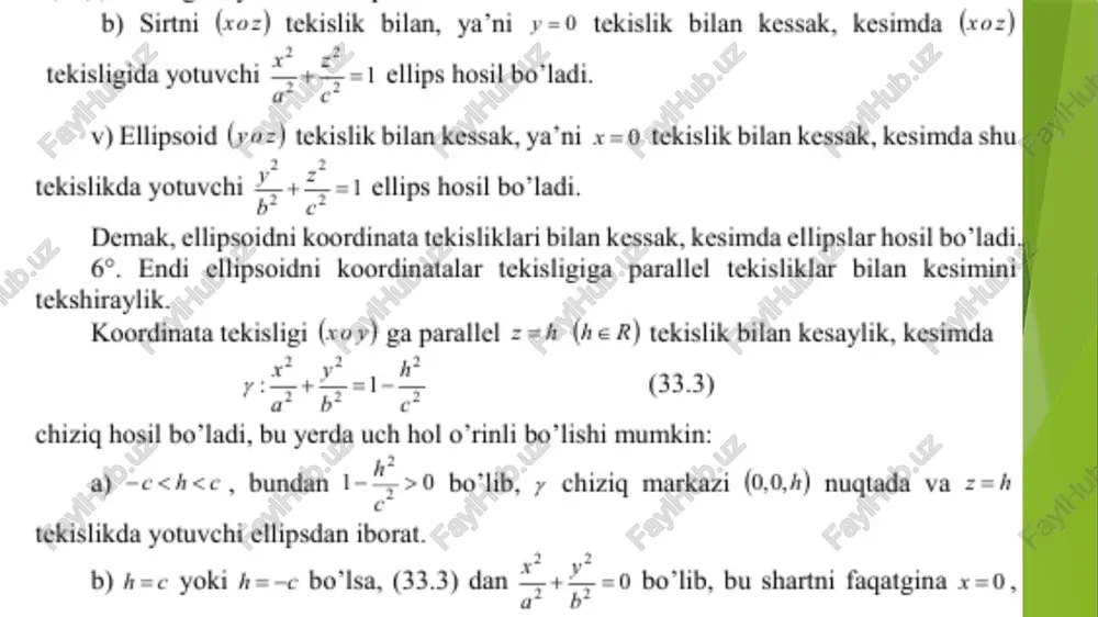 zigli yasovehilari. ikkinchi tartibli sirtlarning turli xillari bilan tanishib chiqdik. ularda chiziglar bir- biridan ta’riflari yoki tenglamalari bilan farq gilar edi. endi sirtlarni shunday ikki sinfga ajrataylik, birinchi sinfga shunday sirllami kiritaylikki, ular o”z tarkibiga t0’g" chiziglami to’lig olsa, bunday sirtlari to’g’ri chizigli sirtar deyiladi. masalan, ikkine tartibli silindrik va konus sirtlar. ikkinchi sinfga esa tarkibida bitta ham to’g'ri chiziq bo’imagan ikkinchi tartibli sirtlarni kiritamiz. masalan, ellipsoid ikki pallali giperboloid va elliptik paraboloid kabi sirtlar. sirt tarkibidagi to’g’ri chiziglami shu sirtning yasovchilari deyiladi to’g’ri chiziqli yasovchilarga ega bo" lgan konus va silindrik sirtlardan bosha sirtlar ham mayjud-mi? buning uchun bir pallali giperboloid va giperbolik paraboloid tenglamalan o'rganaylik giperboloid tenglama: (36.1) (eef -eg-j) 62) ko’rinishida yozib olamiz va quyidagi ikkita tenglamalar sistemasini qaraymiz. 36.3) 35.4) 2 va # kamida bittasi noldan farq qiluvchi hagiqiy sonlar. 4, va 14, hagiqiy sonlar ham shu shartlami qanoatlantiradi. (36.3) va (364) tenglamalar sistemasining koeffitsiyentlaridan tuzilgan …