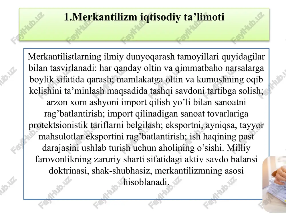 o balansini saqlab turgan holda, tovarlar importiga ruxsat etish (zeb-ziynat buyum-laridan tashqari); - qulay savdo ishlarini amalga oshirish uchun oltin va kumushni chetga chiqarish, pirovard natijada mamlakatda ularning massasini ko’paytirish. keyingi merkantilizm vakillari aktiv savdo balansiga erishish uchun qator tavsiyalarni ilgari surdilar: 11 dastlabki merkantilistlar yevropaga, ayniqsa ispaniyaga yangi dunyodan oqib kelgan yirik miqdordagi qimmatbaho metallar mohiyatiga e’tibor qaratgan.biroq keyingi merkantilistlar bu qarashlarni inobatga olishmadi va iqtisodiyotda pulning o‘rni haqida tahliliy g‘oyalarini rivojlantira olishdi. merkantilizm ispaniya, italiya, angliya va frantsiyada ancha keng tarzda rivojlandi. masalan, ispaniyada boylik qimmatli metall, pul bilan bir narsa deb qaralgan. shu bois, ispaniyada xvii asrning boshigacha mamlakatdan oltin va kumushni olib chiqish (o’lim jazosi tahlikasi ostida) taqiqlangan. ispan bimetall monetar nazariyasining etuk himoyachisi marian xvii asrning 20-yillarida qimmatli toshlardan iborat xorijiy monetalarga ayirboshlanadigan tovarlarni chetga chiqarishdan boshqa, barcha har qanday tashqi savdoni man etish talabini ilgari surdi. keyingi merkantilizm 12 angliya merkantilizmining ancha yirik vakili …