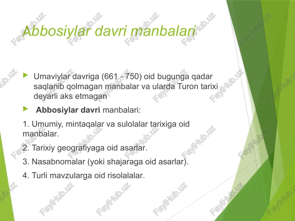 da dunyoning “yaratilishi”dan to 1231-yilga qadar sharq mamlakatlarida bo‘lib o‘tgan ijtimoiy-siyosiy voqealar yilma-yil, xronologik, ya’ni davr tartibida bayon etib beriladi. asarda ko‘pgina qimmatli manbalardan (tabariy va boshqalar) keng foydalanilgan. ayrim parchalami rus tiliga n.a.mednikov, a.e.krimskiy, b.a. ahmedov tarjima qilganlar. asar xivada to‘liq holda o‘zbek tiliga muhammad rahim ii (1863— 1910) davrida nurillo muftiy, muhammad sharif oxund va boshqalar tomonidan tarjima qilingan bo‘lib, toshkentdagi abu rayhon beruniy nomidagi sharqshunoslik instituti xazinasida o 'n uchta qo‘lyozmalari saqlanmoqda. asarning yurtimiz tarixiga oid ma\lumotlari sh.s. kamoliddin tomonidan rus tilida nashr etilgan. somoniylar davri manbalari. tarixi tabariy tabariy asarining forsiy tahriri ham bor bo‘lib, u somoniy abu solih mansur ibn nuhning (961-976) vaziri, atoqli ilm-fan homiysi al-bal’amiy (vaf. 974) tomonidan 963-yili yozilgan. bal’amiy tahriri shunchaki oddiy tarjima bo‘lib qolmay, balki asarning qayta ishlangan va ayrim hollarda yangi faktlar bilan boyitilganidir. unda, birinchidan, qisqartirilgan tahririda uchramaydigan ma’lumotlar mavjud bo‘lib, ulami bal’amiy tabariy asarining to‘la nusxasidan olgan. …